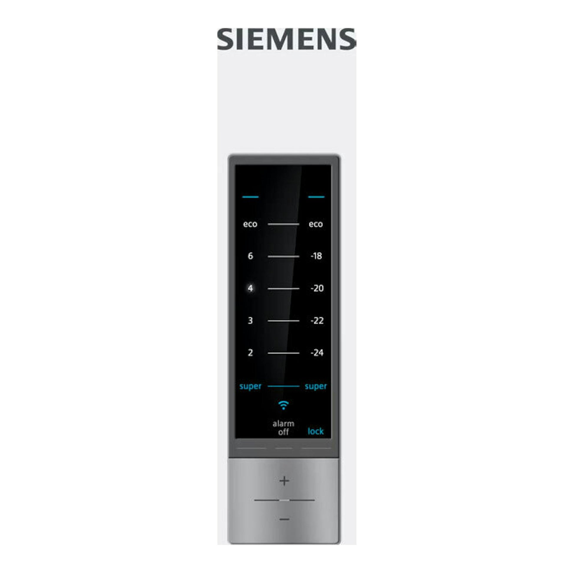 Panel frontal de frigorífico Siemens KG39NXWEA blanco, con display negro, escala de temperatura y botones plateados.