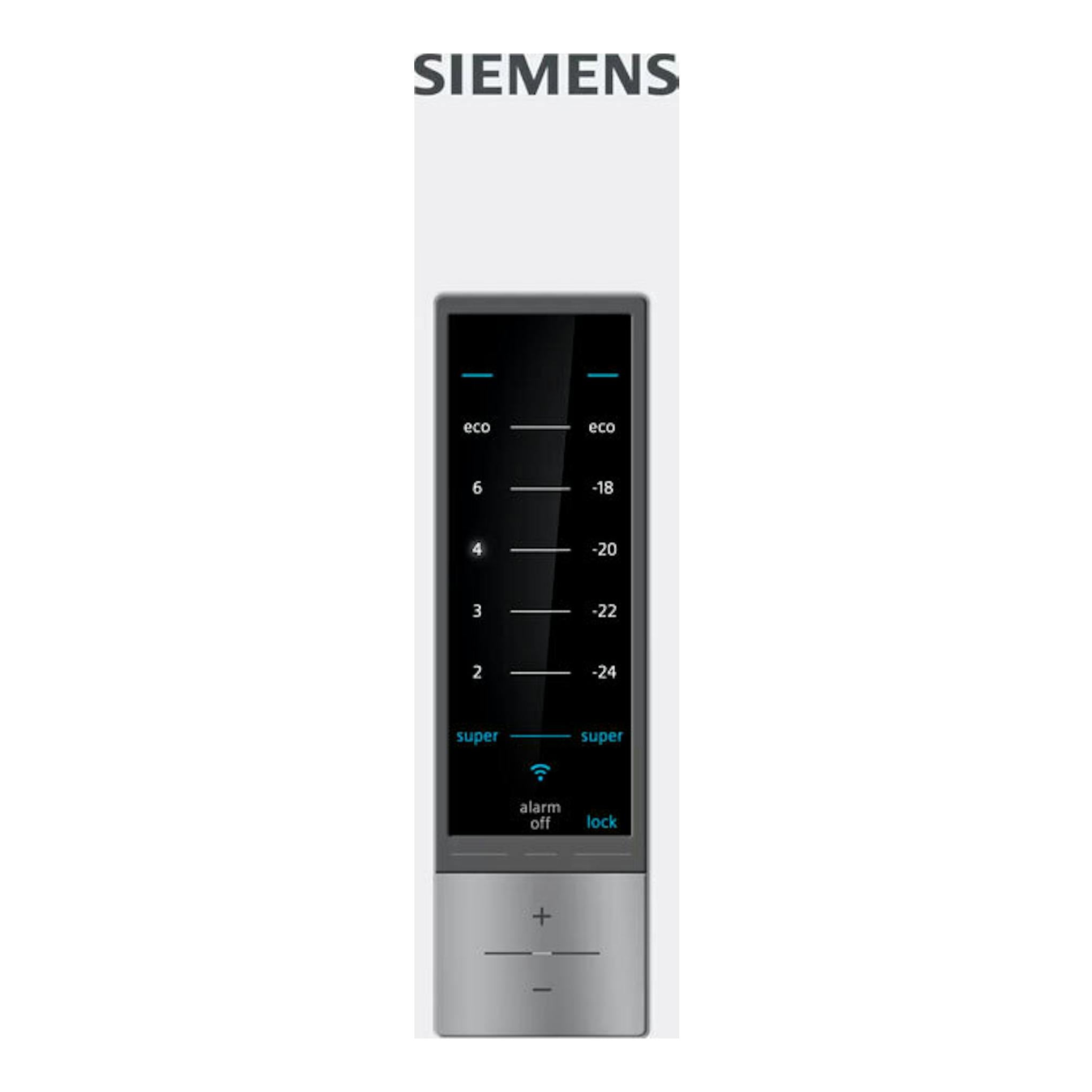Panel frontal de frigorífico Siemens KG39NXWEA blanco, con display negro, escala de temperatura y botones plateados.