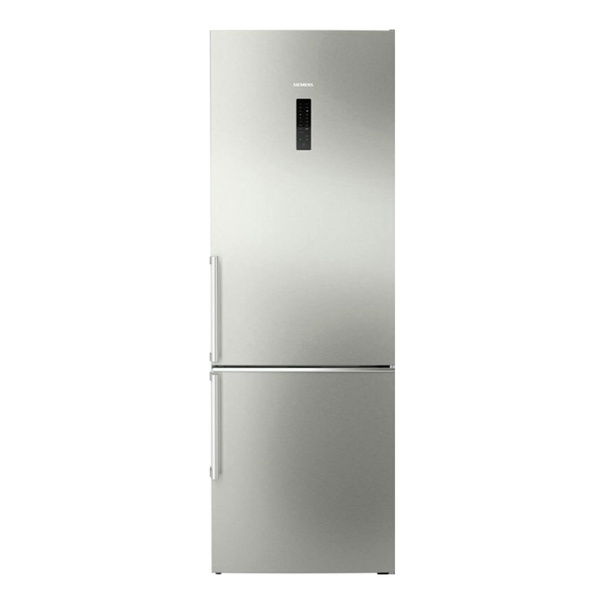 Frigorífico combi Siemens KG49NAICT inox, vista frontal, de dos puertas con display central.