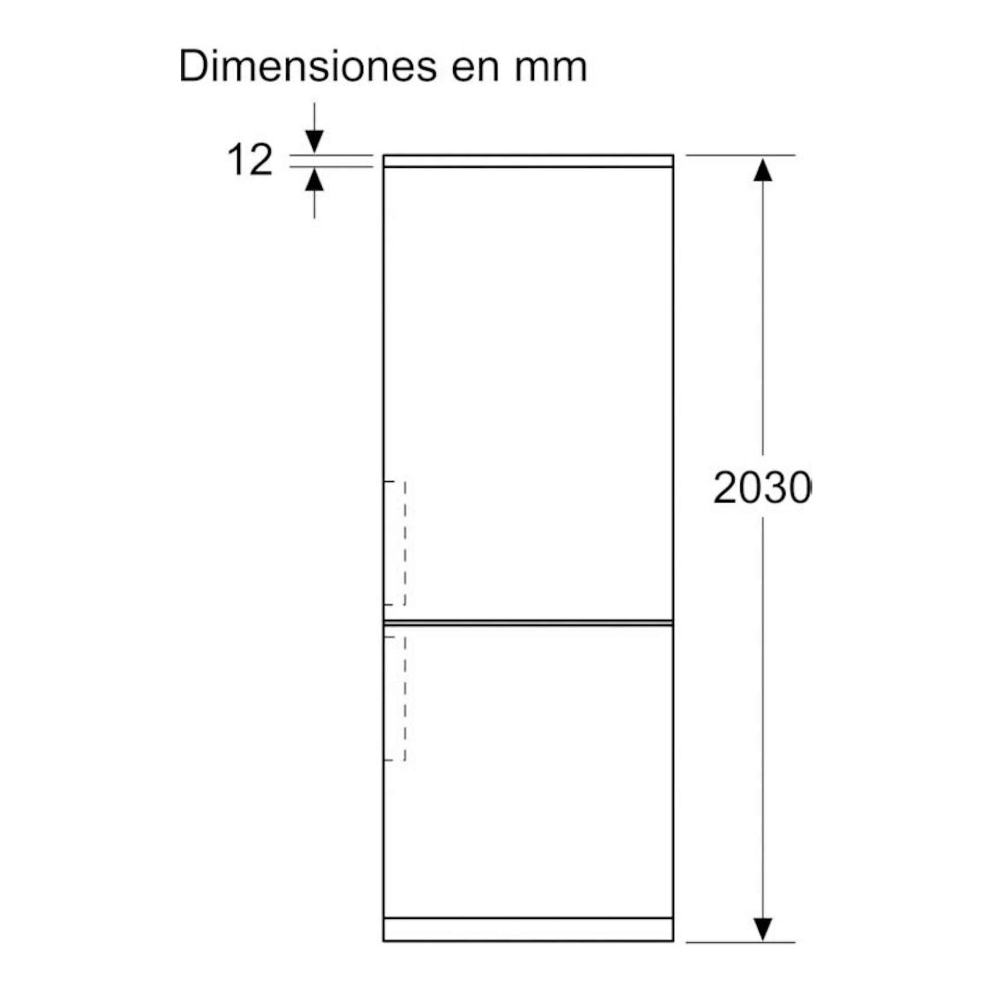 Frigorífico combi Siemens KG49NAICT en vista frontal esquemática, color inox, con medidas en mm y altura 2030.
