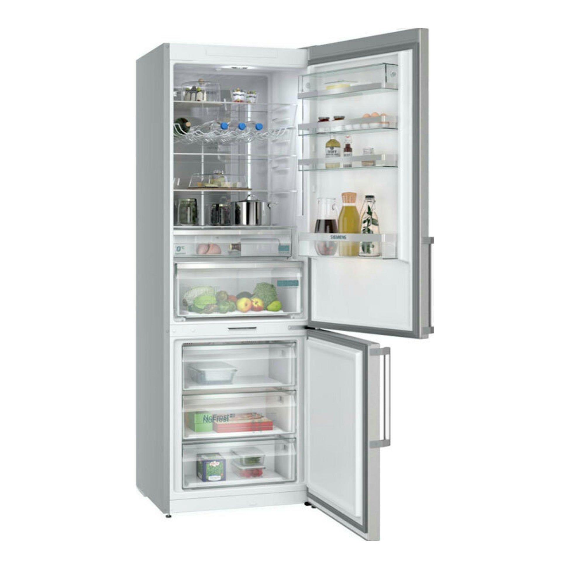 Frigorífico combi Siemens KG49NAICT inox, vista frontal con puertas abiertas y compartimentos visibles.