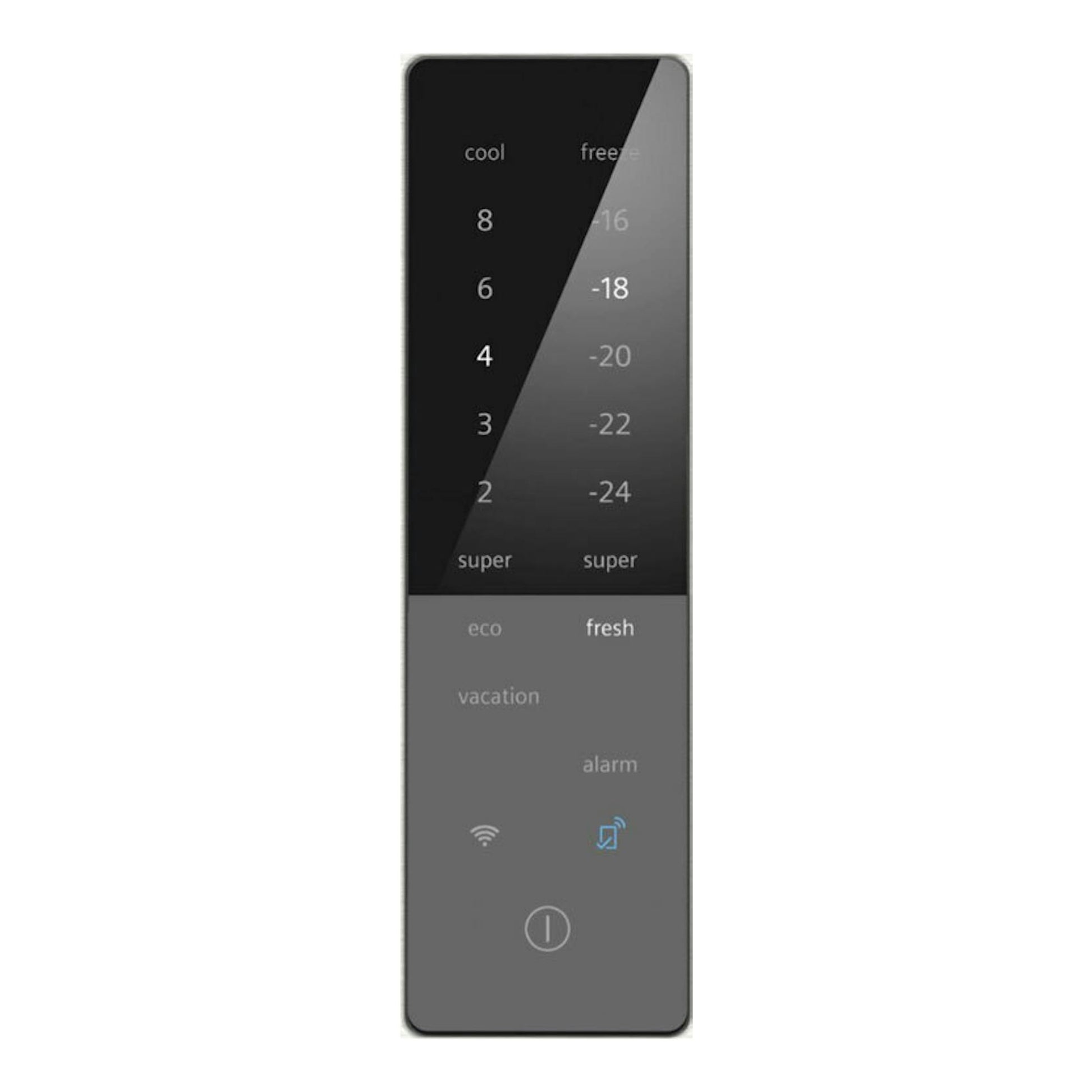 Panel táctil frontal de un frigorífico combi Siemens KG49NAICT Inox, con display negro y gris.