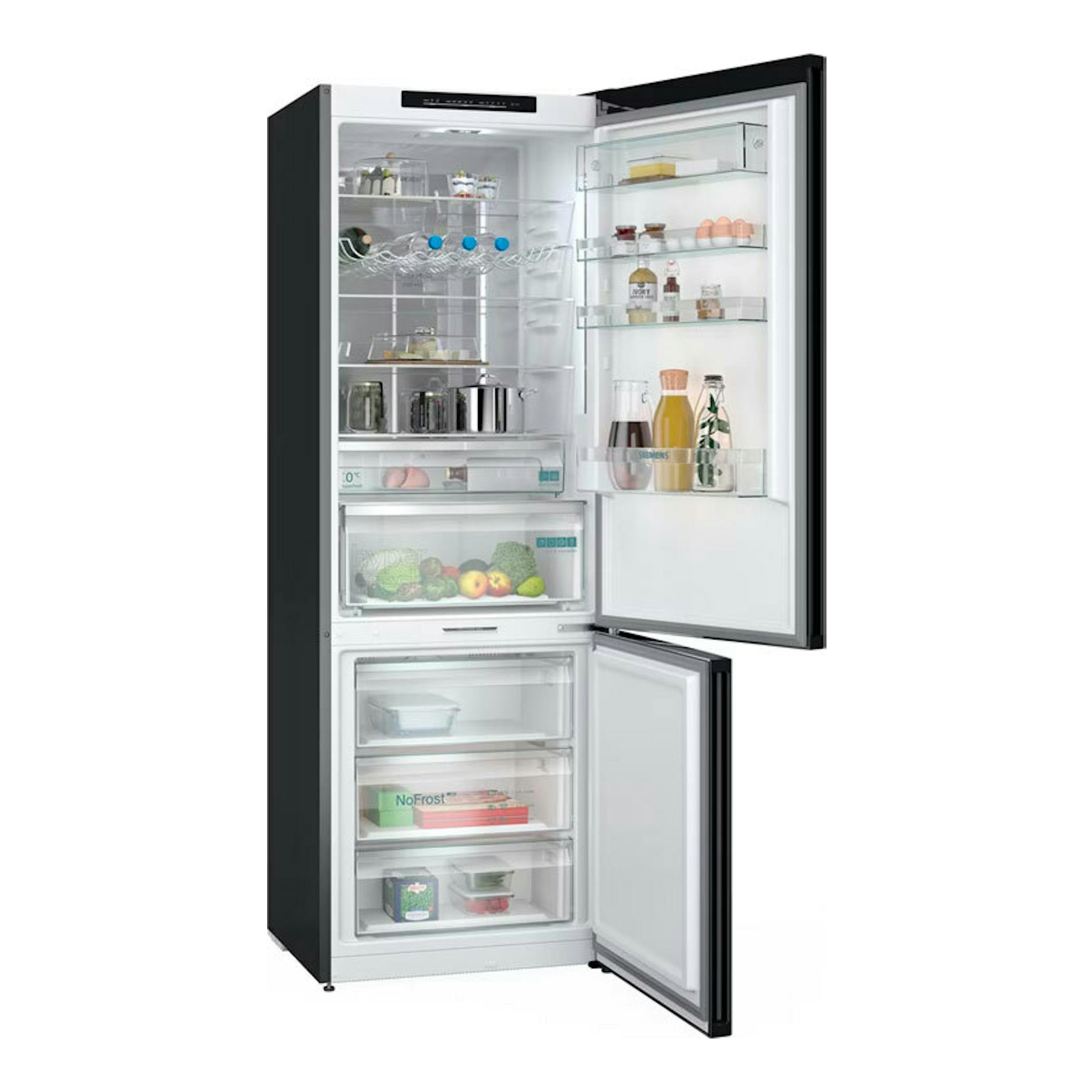 Frigorífico combi Siemens KG49NSBBF negro, vista frontal con puertas abiertas y compartimentos interiores visibles.