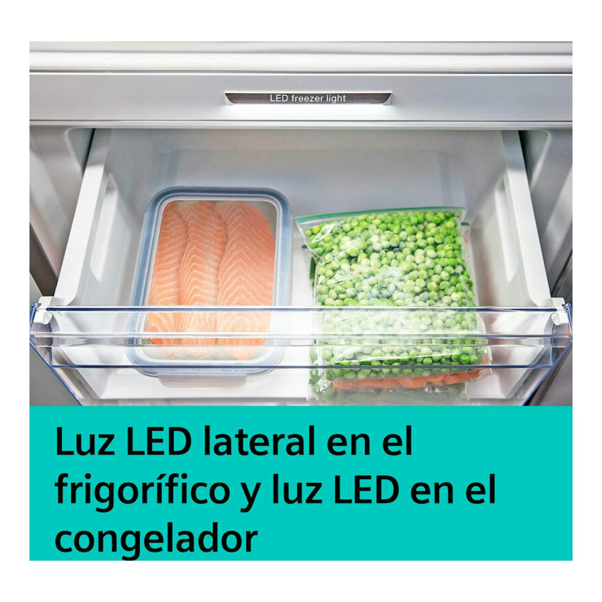 Interior de cajón congelador de frigorífico Siemens KG49NSBBF, con salmón y guisantes, vista frontal.