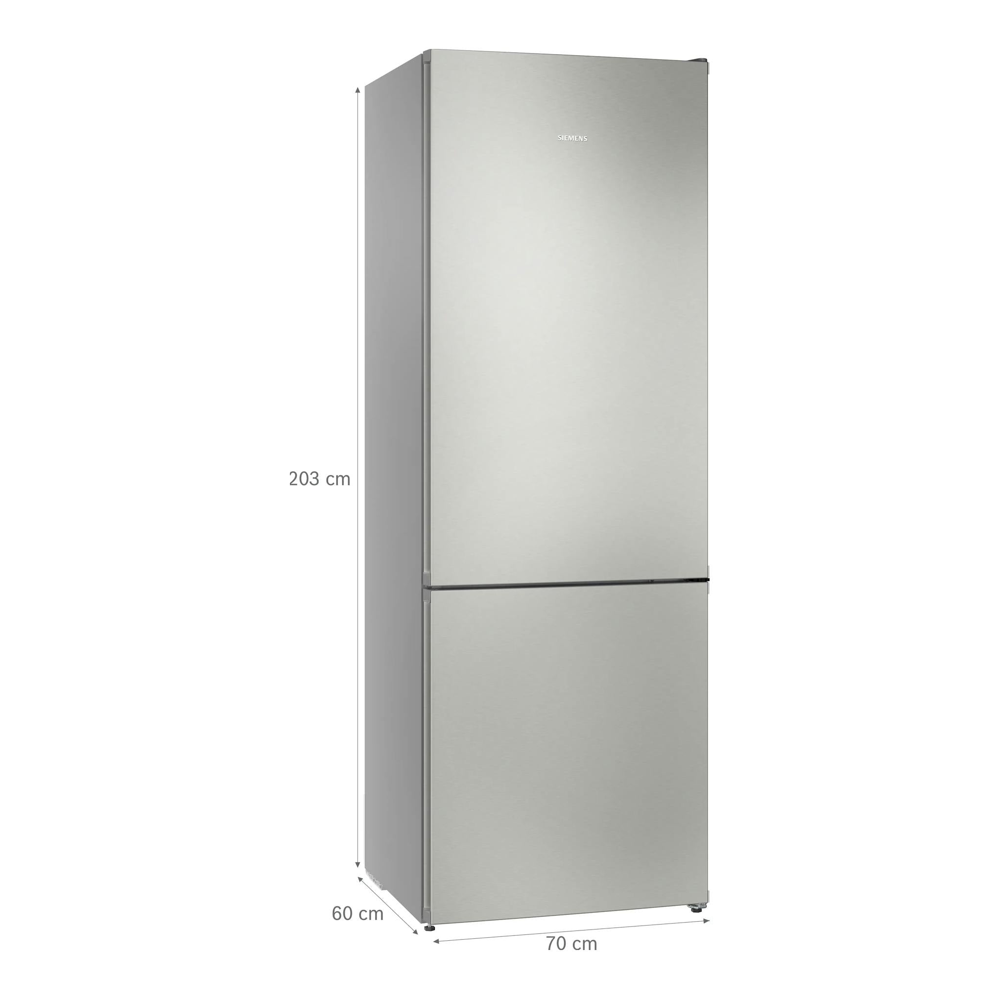 Frigorífico combi Siemens KG49NVICG de inox, vista frontal, dos puertas y congelador inferior.