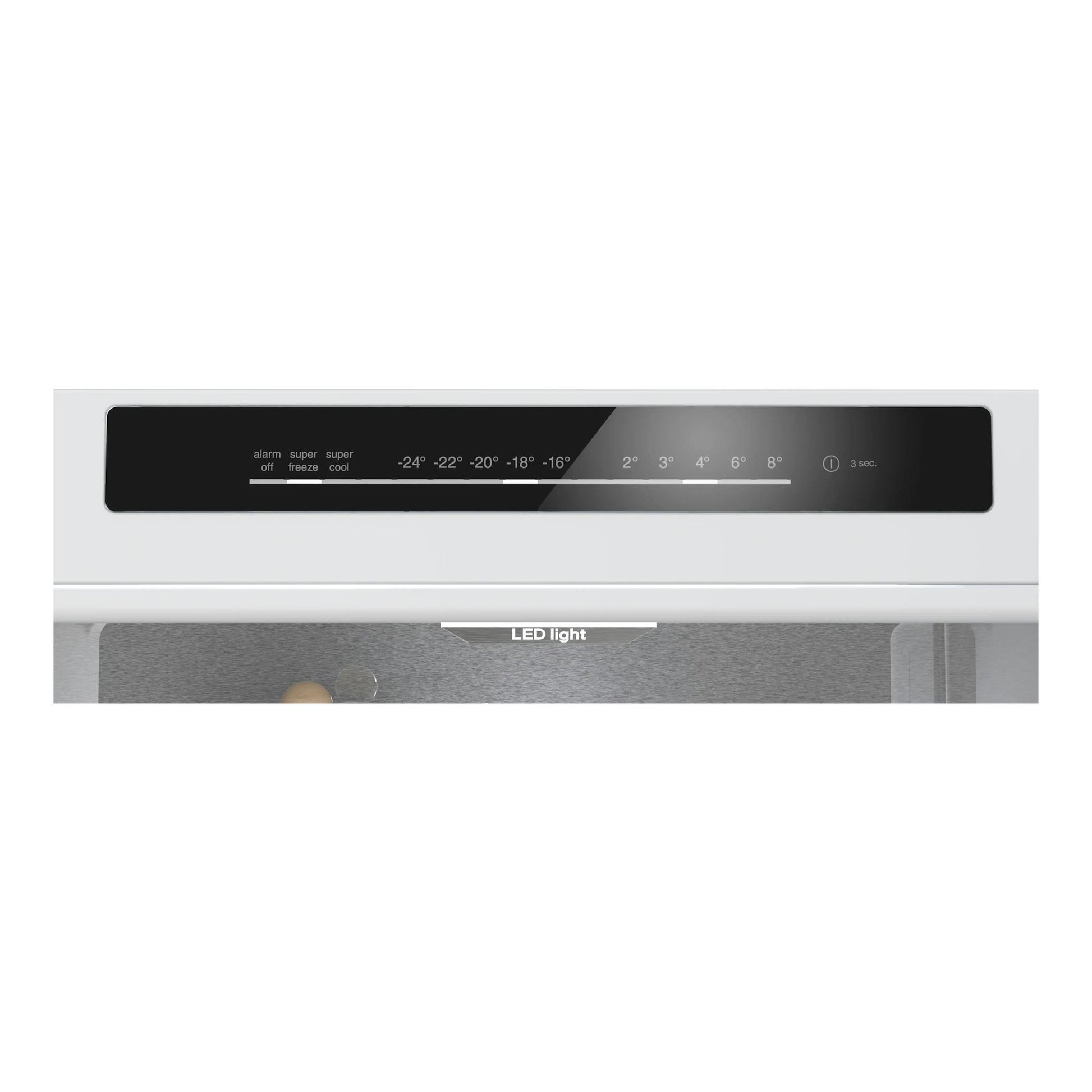 Frigorífico combi Siemens KG49NVIDG en inox, vista frontal del panel táctil negro y LED interior.
