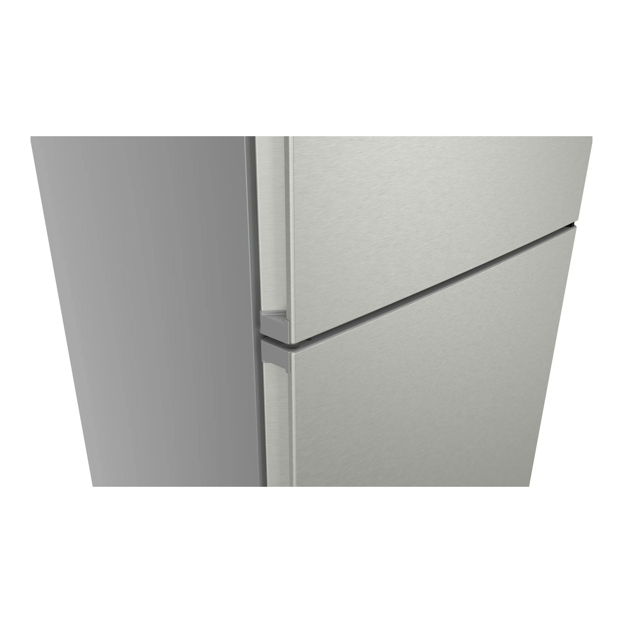 Frigorífico combi Siemens KG49NVIDG en inox, vista frontal parcial de las puertas.