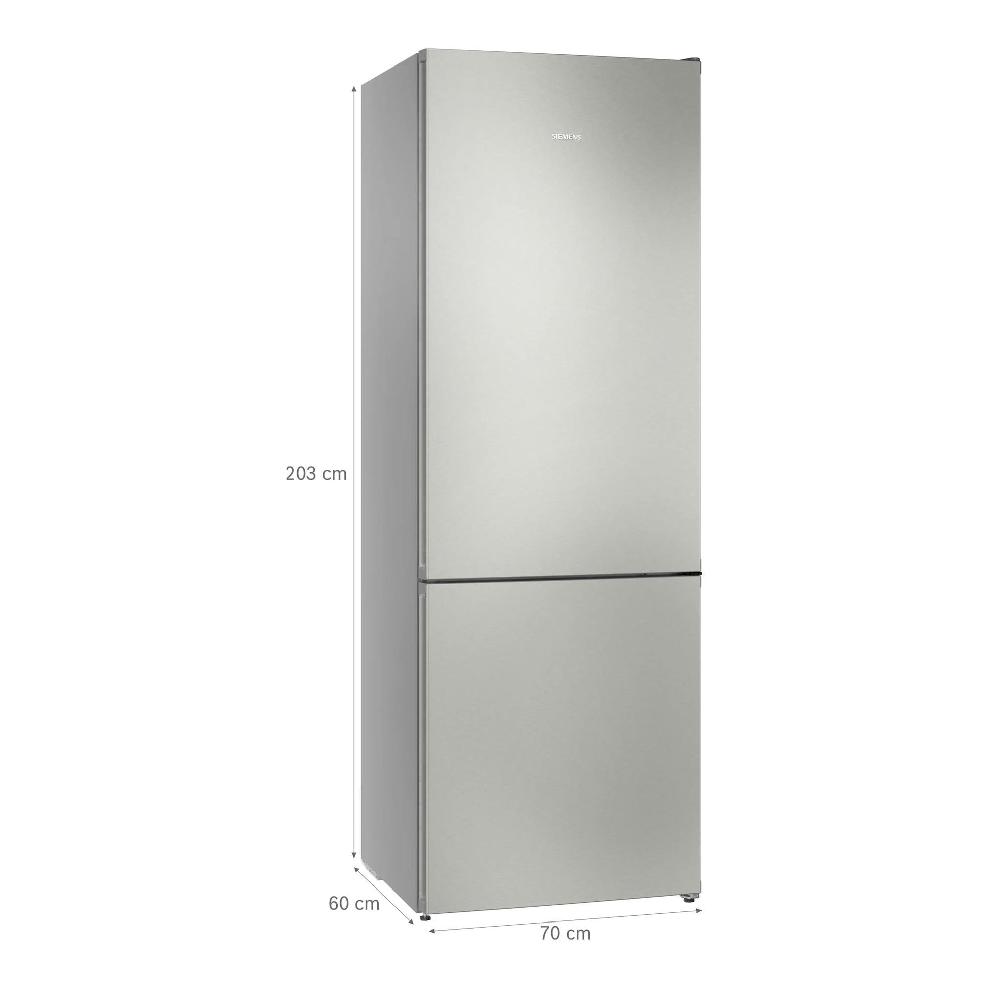Frigorífico combi Siemens KG49NVIDG inox, vista frontal con ligero ángulo izquierdo, 203 cm de alto.