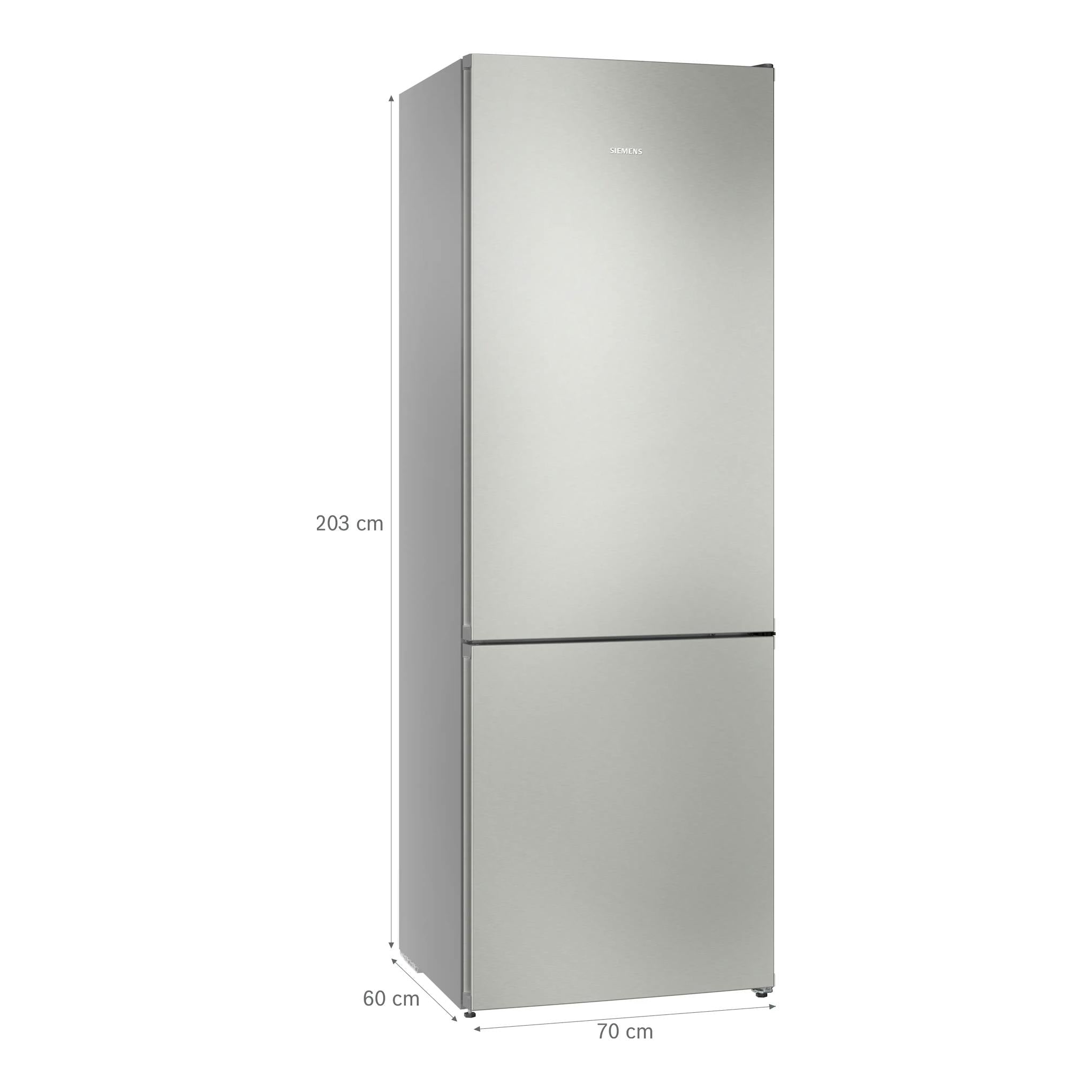 Frigorífico combi Siemens KG49NVIDG inox, vista frontal con ligero ángulo izquierdo, 203 cm de alto.