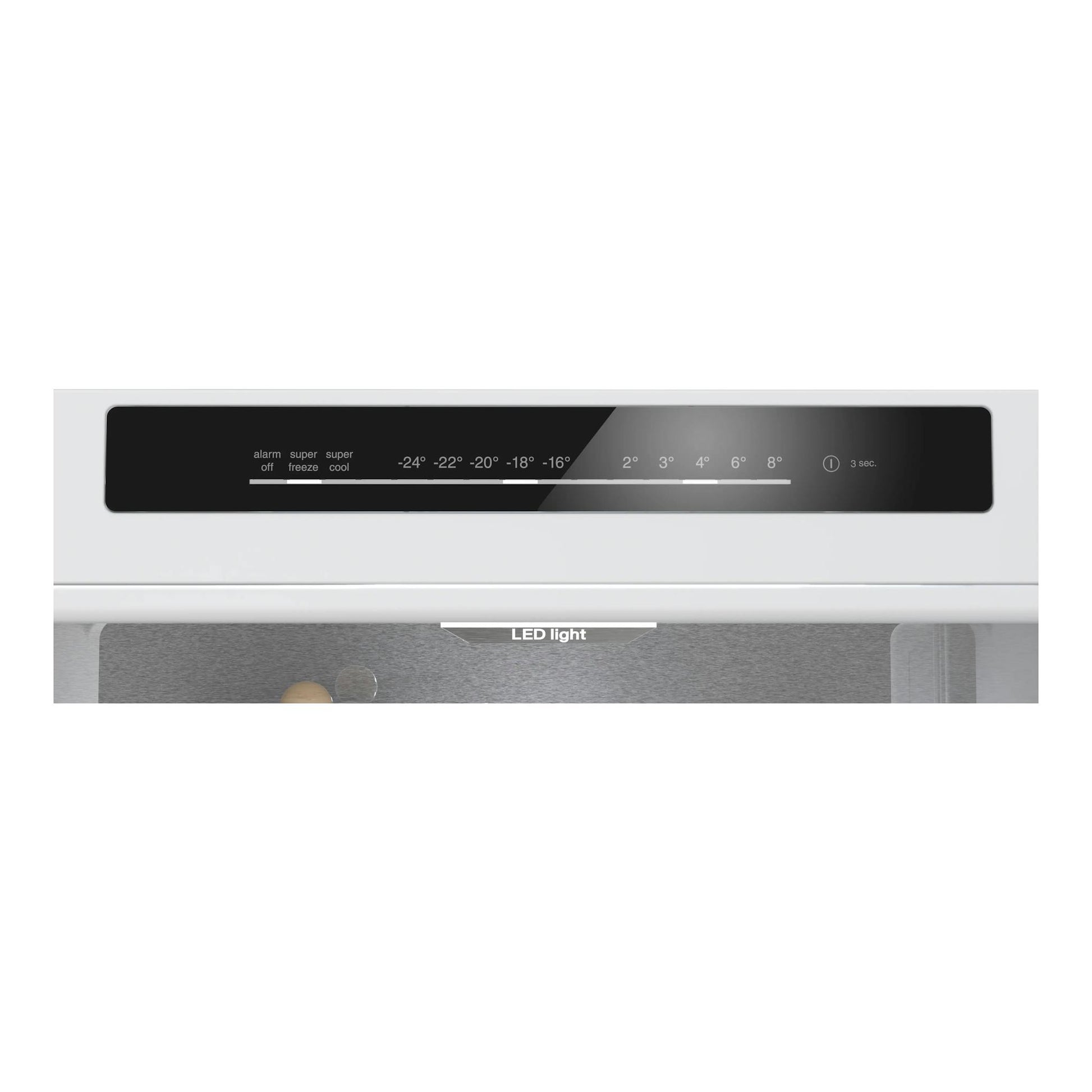 Frigorífico combi Siemens KG49NVWDG blanco, panel de control negro en vista frontal.