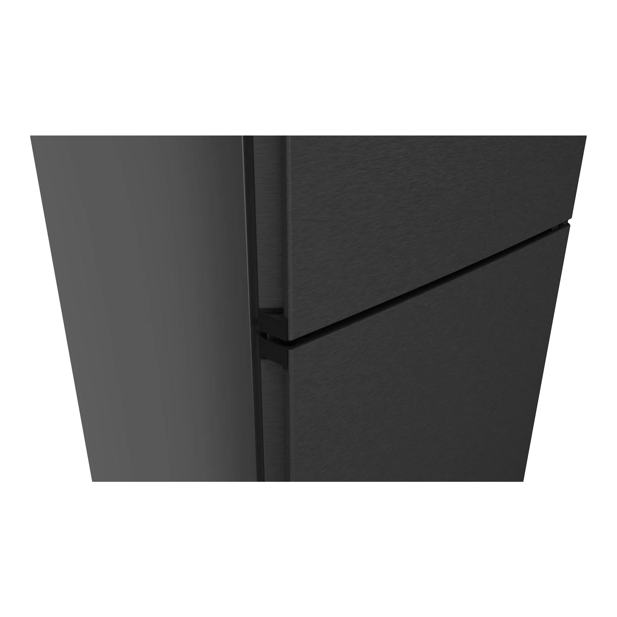 Frigorífico combi Siemens KG49NVXCG en acero negro, vista en primer plano de la puerta y la bisagra.