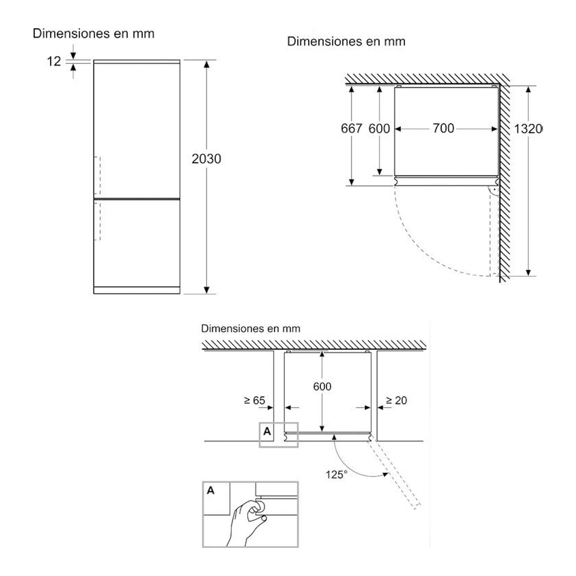 Diagrama de dimensiones del frigorífico combi Siemens KG49NXIDF en inox, con vistas frontal y lateral.