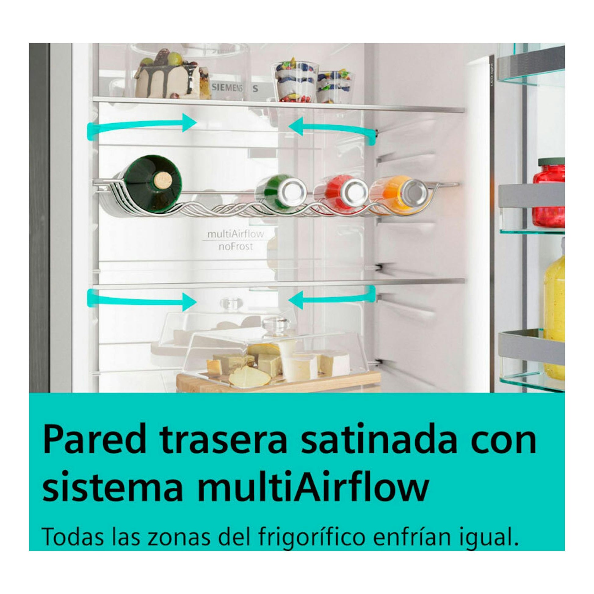 Vista interior frontal del frigorífico Siemens KG49NXIDF inox, con estantes y flechas multiAirflow.