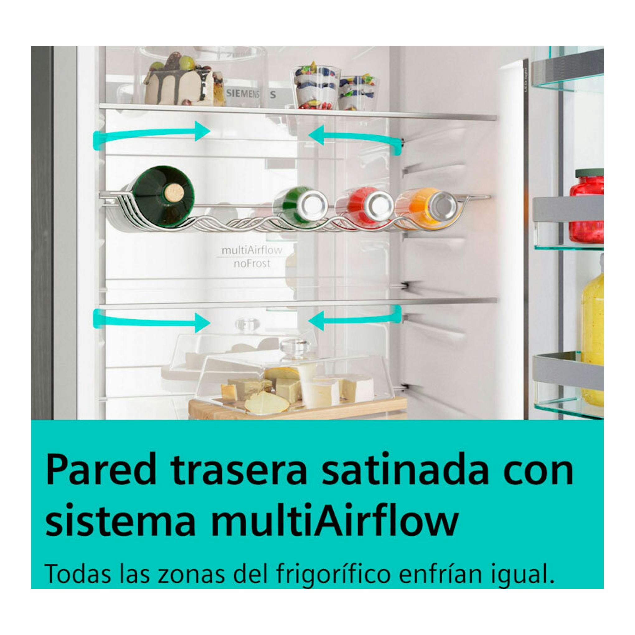 Vista interior frontal del frigorífico Siemens KG49NXIDF inox, con estantes y flechas multiAirflow.