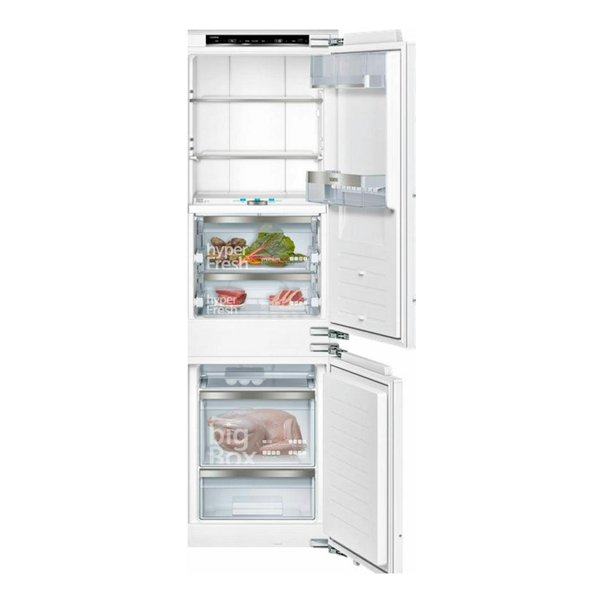 Frigorífico combi Siemens KI86FPDD0 blanco, vista frontal con puertas abiertas y compartimentos visibles.