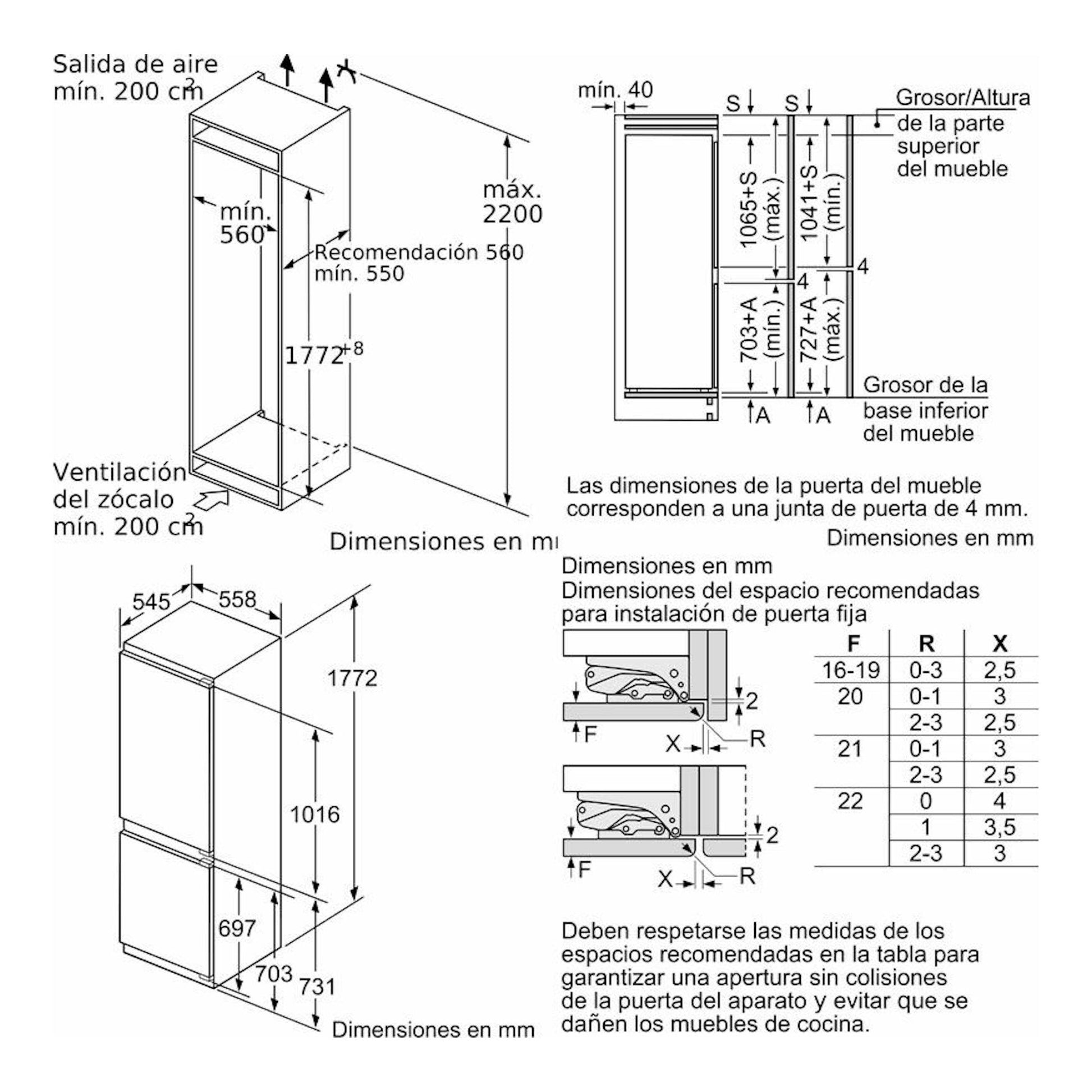 Diagrama técnico de instalación del frigorífico combi Siemens KI86FPDD0 con medidas y holguras.