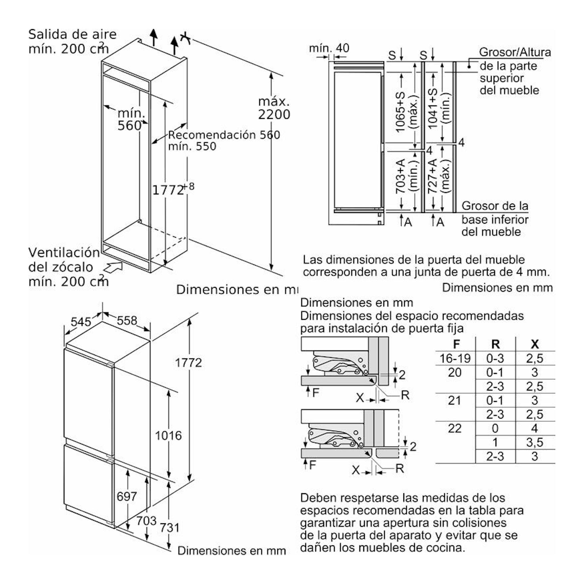 Diagrama técnico de instalación del frigorífico combi Siemens KI86FPDD0 con medidas y holguras.