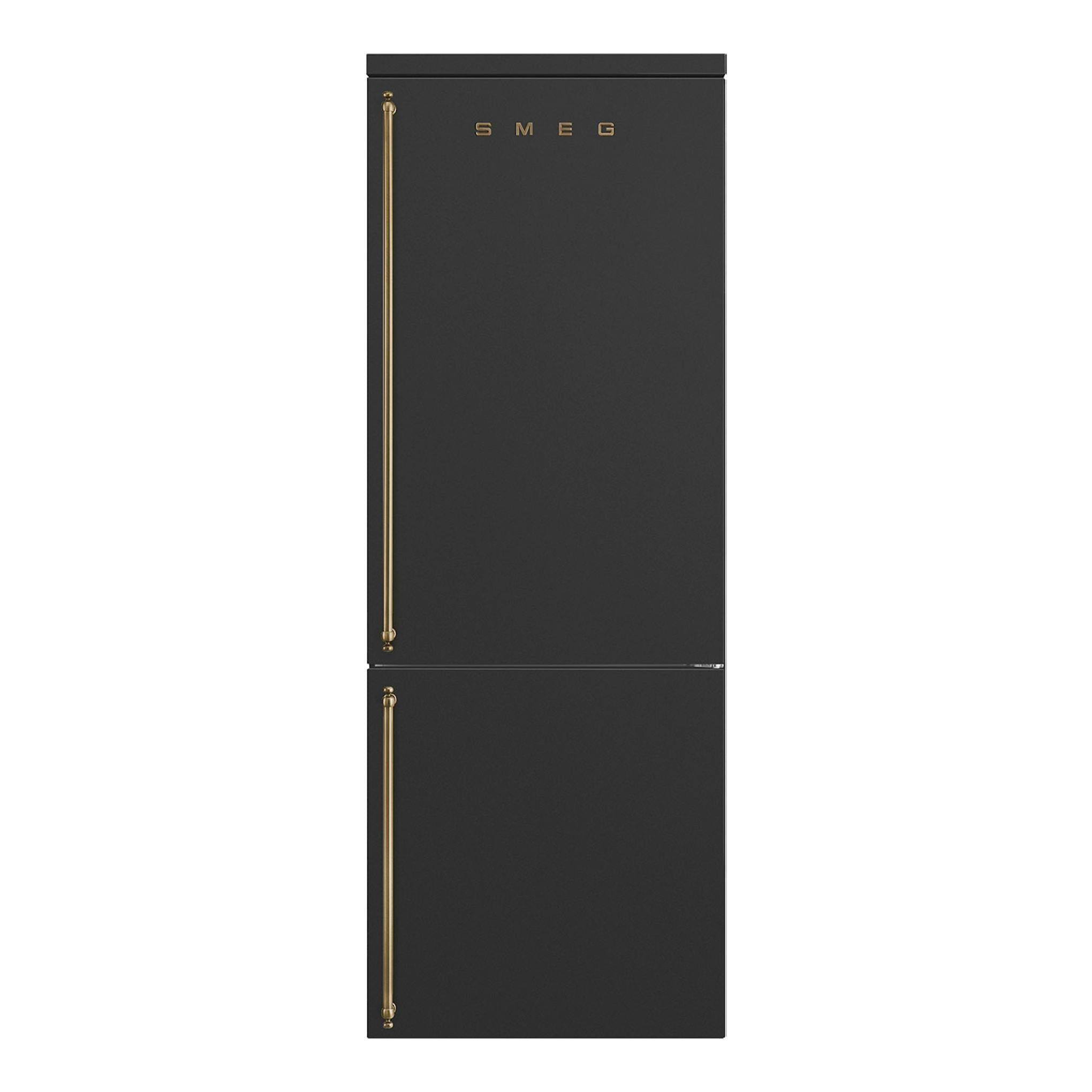 Frigorífico combi Smeg FA8005RAO6, vista frontal, color antracita, con dos puertas y tiradores dorados.