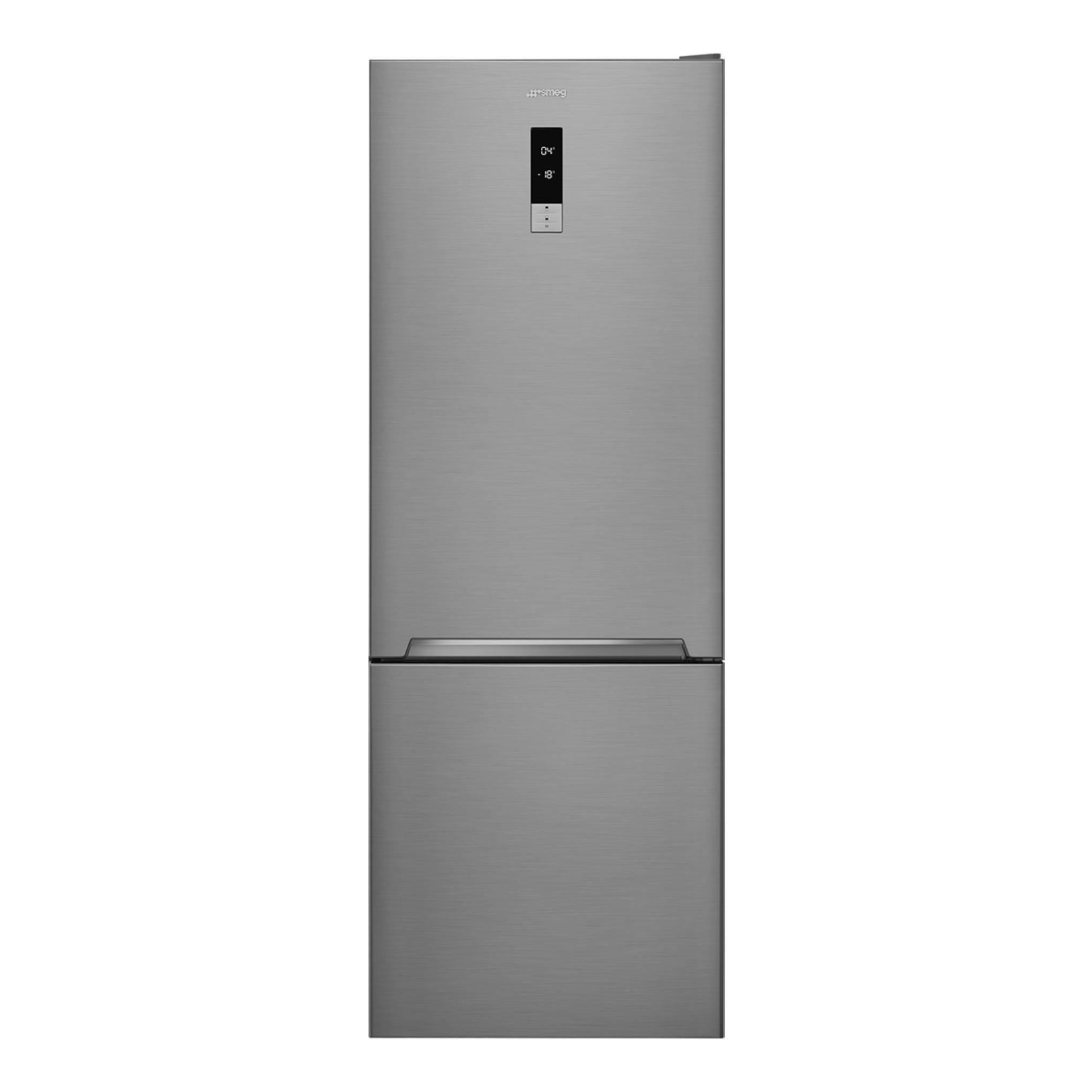 Frigorífico combi Smeg FC48XDNE inox, vista frontal, con panel digital en la puerta.