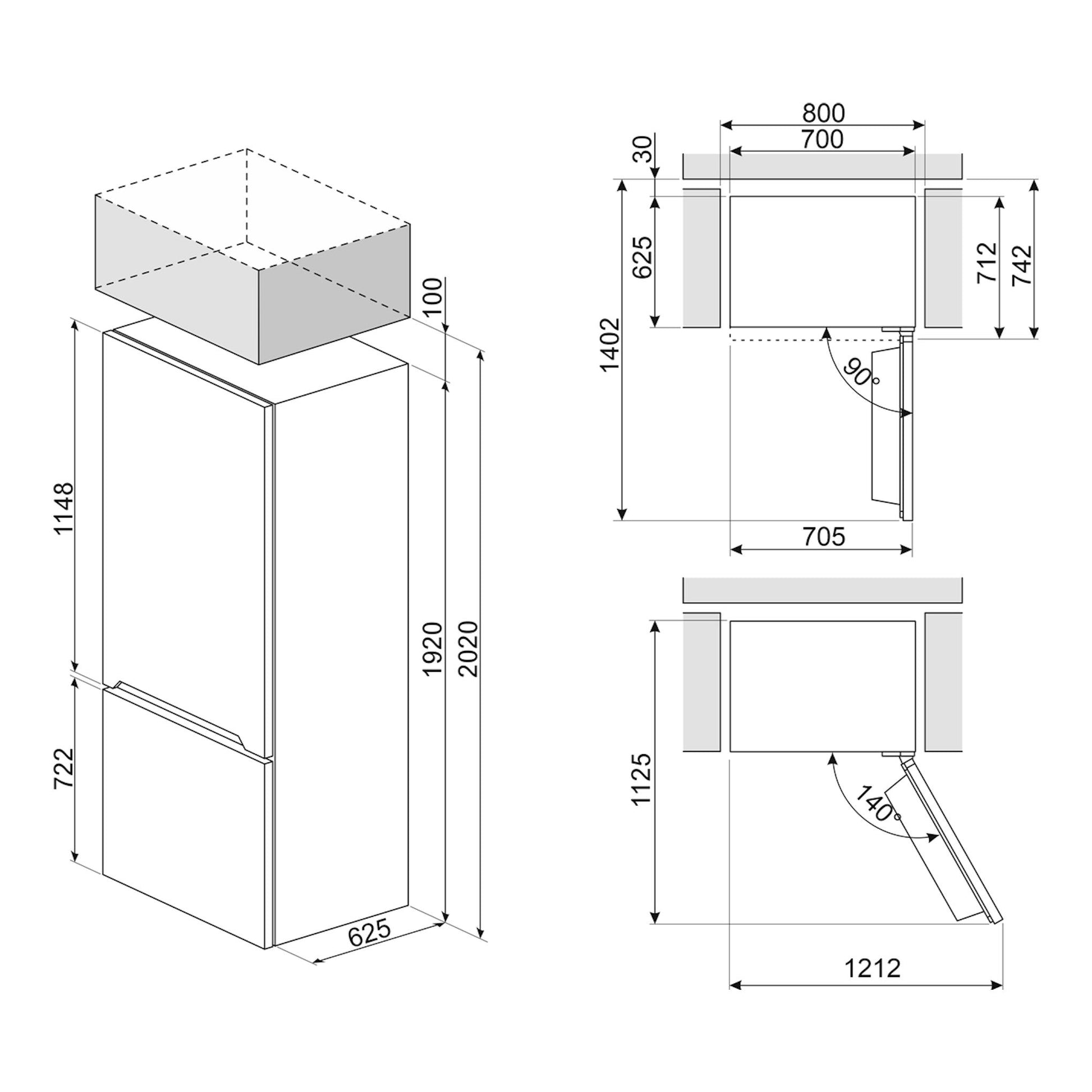 Smeg FC48XDNE: plano técnico de frigorífico combi inox, vista isométrica y frontal con medidas y apertura de puertas.