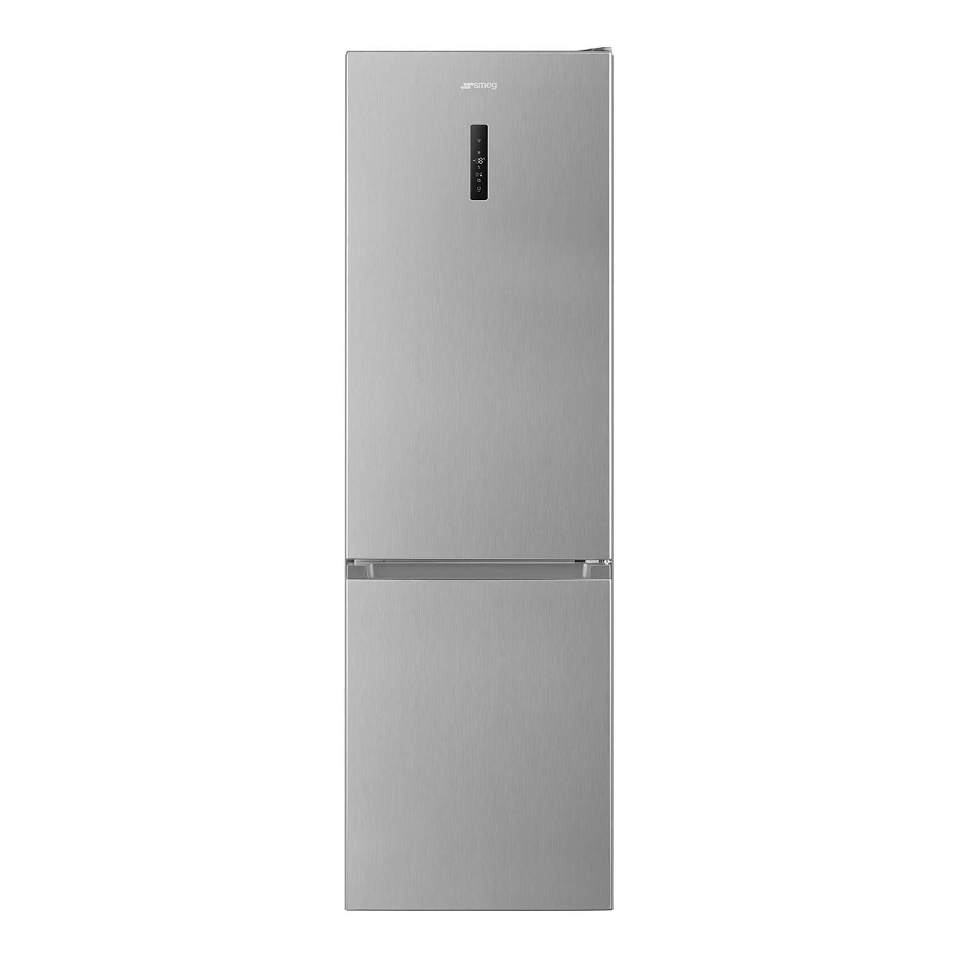 Frigorífico combi Smeg RC18XDNC en inox, vista frontal, con panel digital y dos puertas.