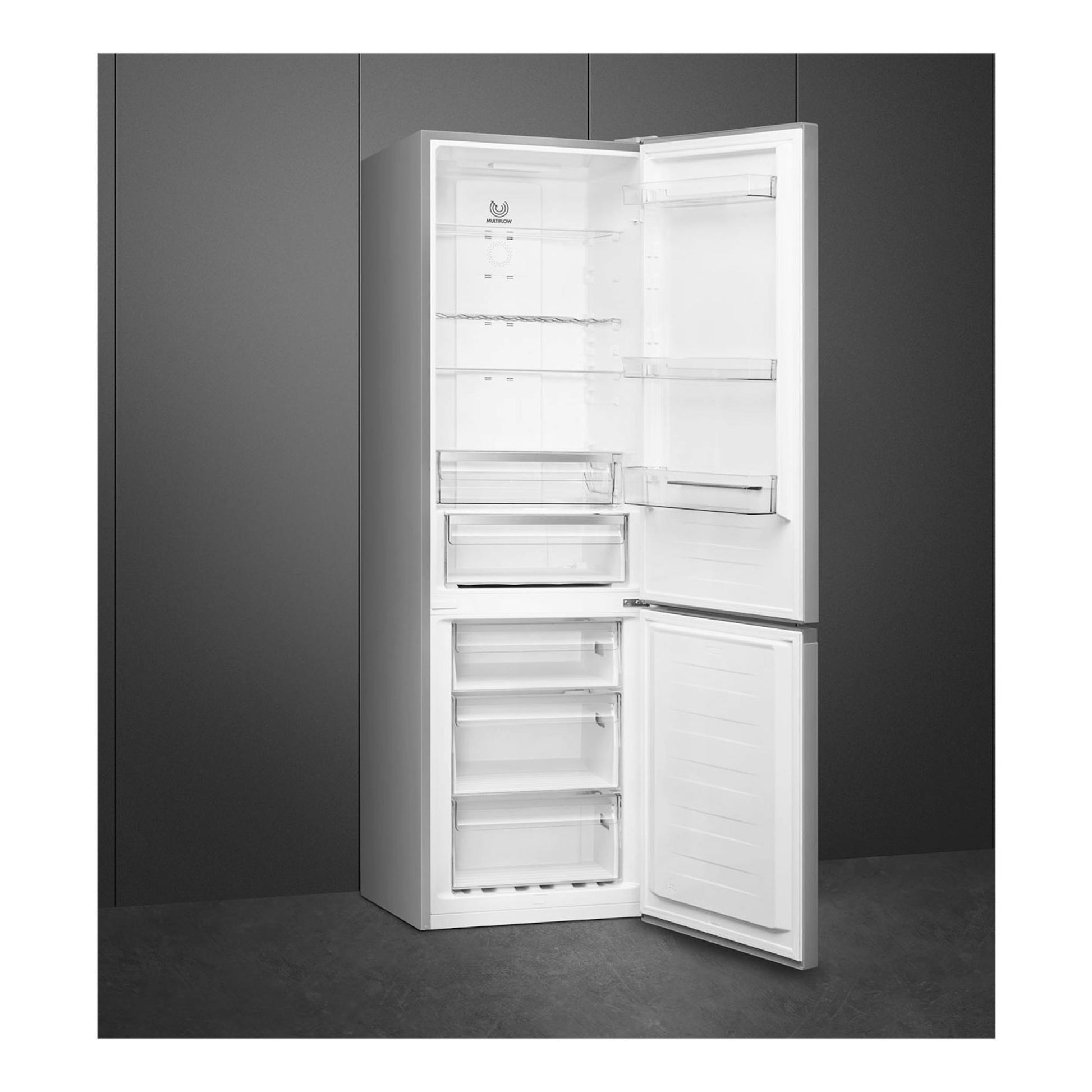 Frigorífico combi Smeg RC18XDNC abierto, interior blanco y cajones visibles, vista frontal.