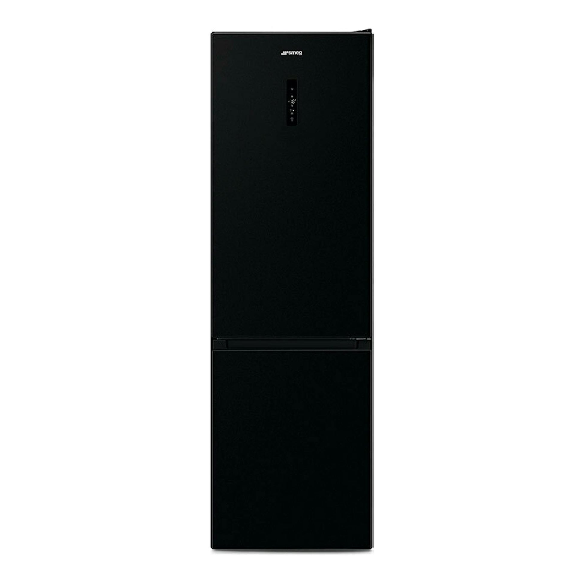 Frigorífico combi Smeg RC20KDND negro, vista frontal, con panel de control en la puerta superior.