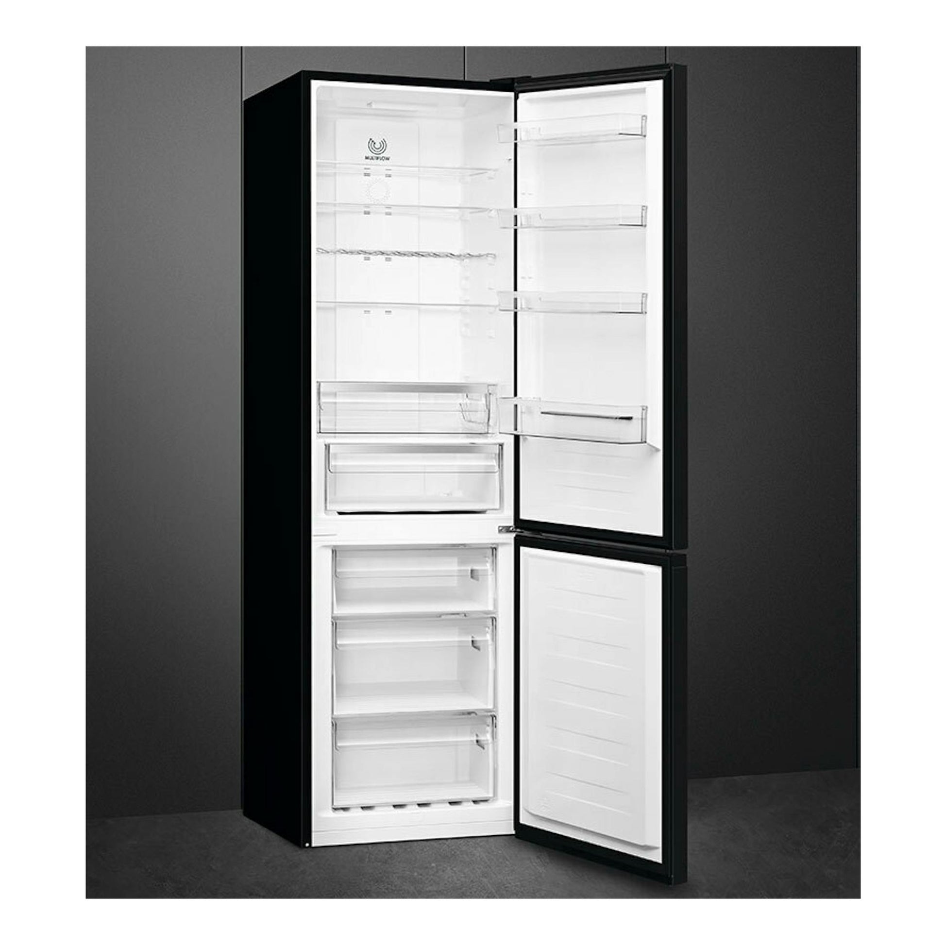 Frigorífico combi Smeg RC20KDND negro, vista frontal con puertas abiertas y interior blanco.