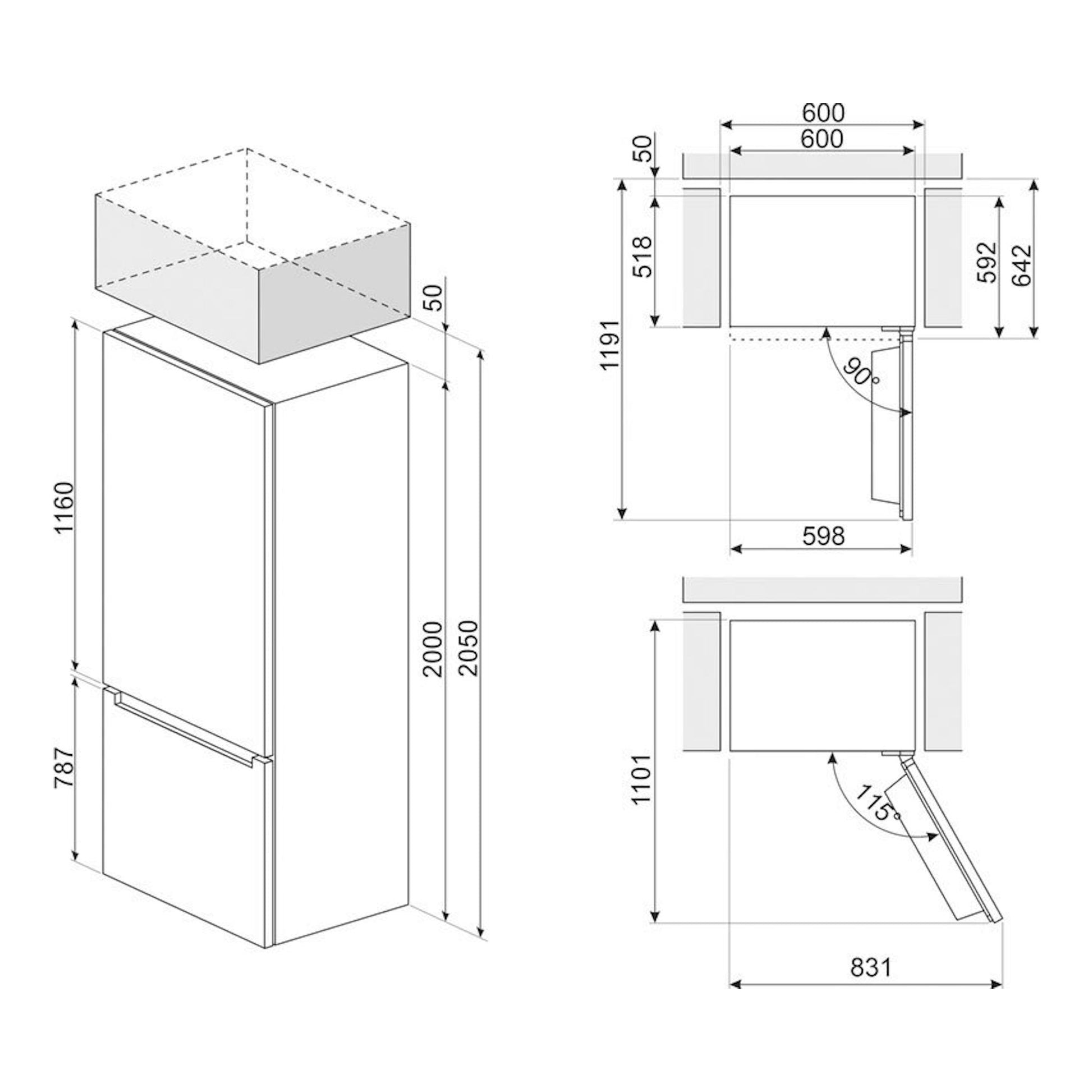 Smeg RC20XDND Inox: plano técnico de frigorífico combi integrable, vistas frontal y lateral con medidas.