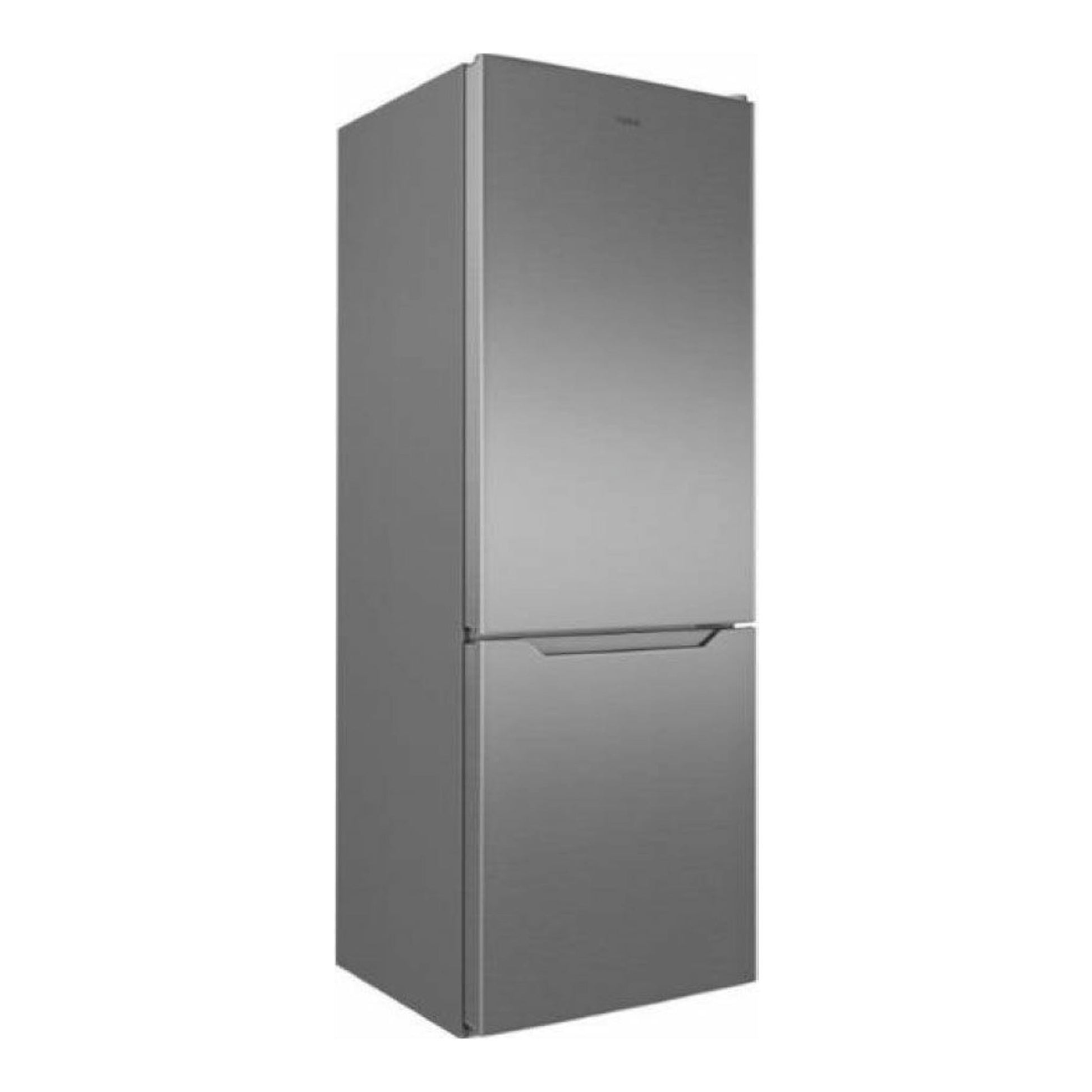 Frigorífico combi Teka NFL342C inox, vista frontal en ángulo, dos puertas y acabado plateado.