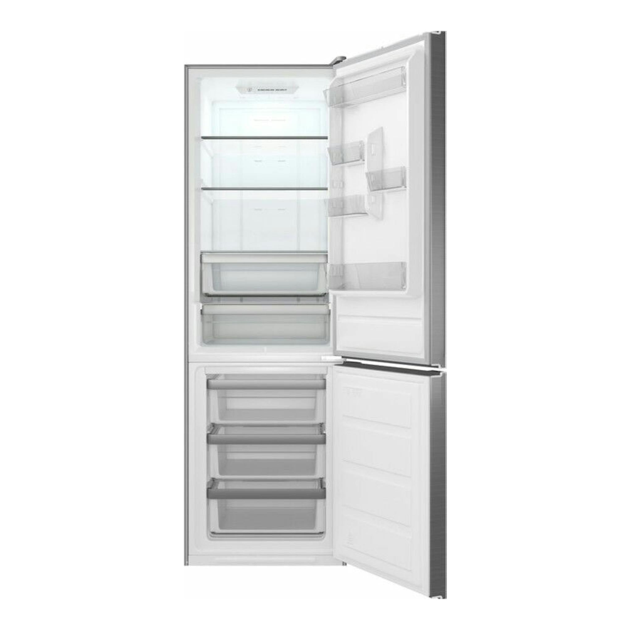 Frigorífico combi Teka NFL342C inox, vista frontal con puertas abiertas y interior blanco visible.