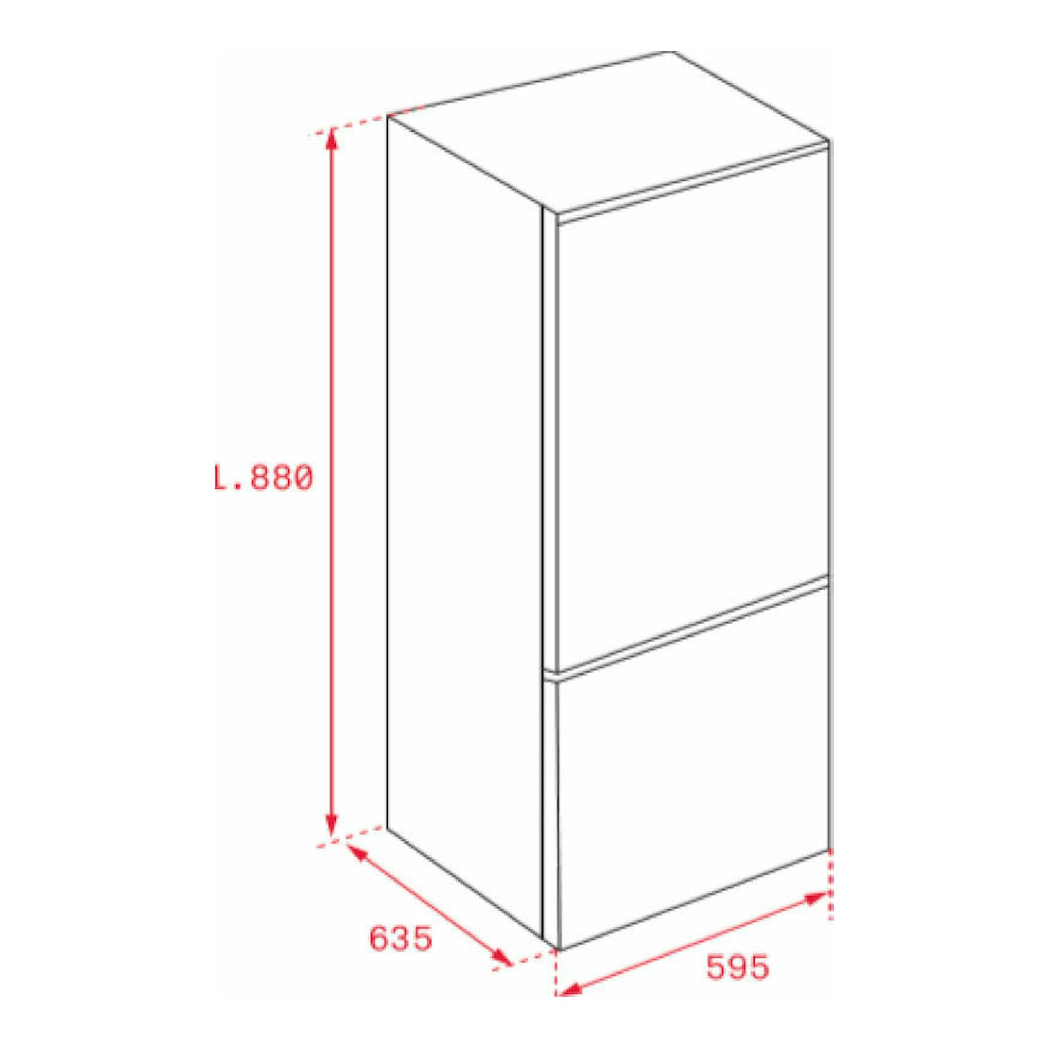 Frigorífico combi Teka NFL342WH blanco, vista isométrica frontal con medidas 1880 x 595 x 635 mm.