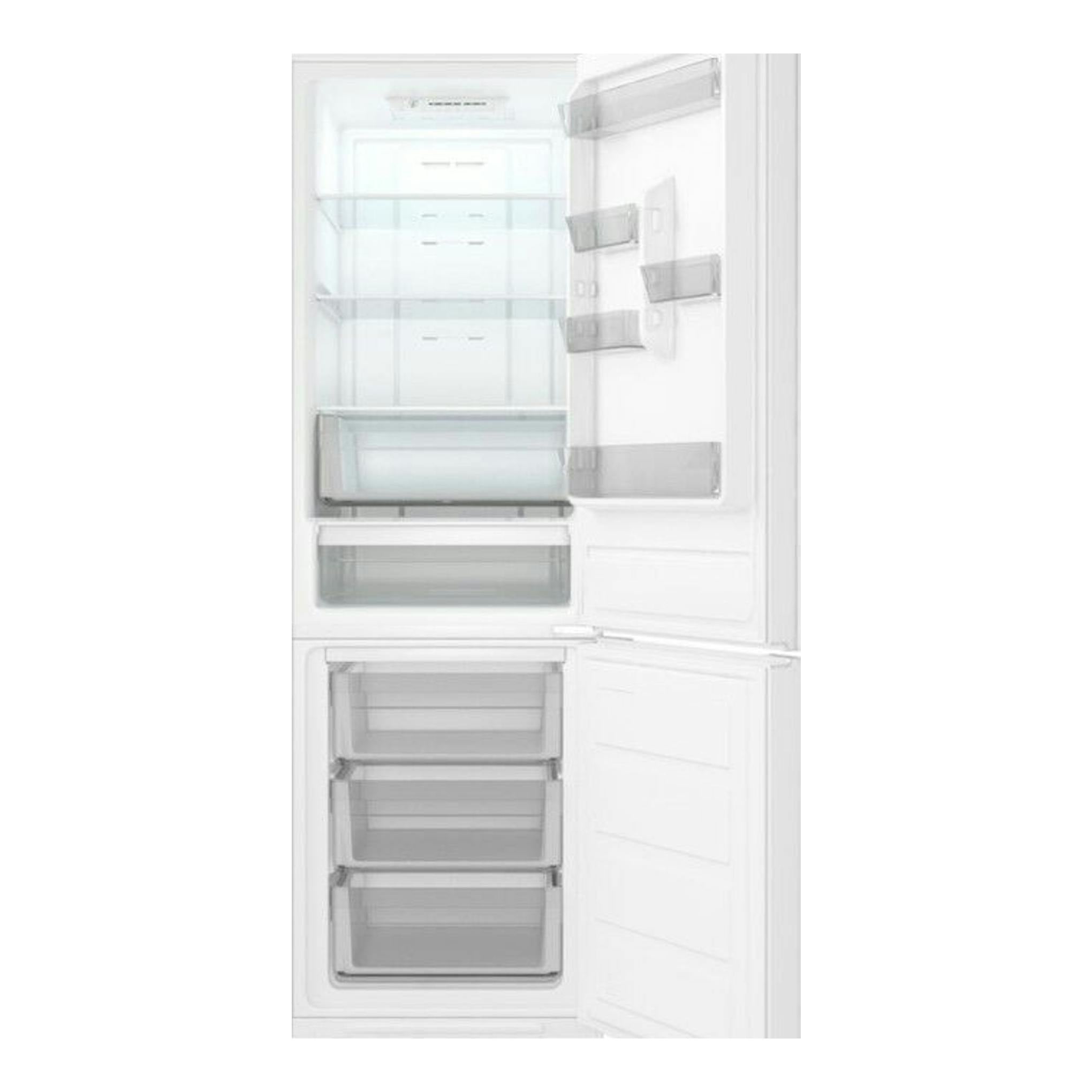 Frigorífico combi Teka NFL342WH blanco, vista frontal con puertas abiertas y cajones interiores.