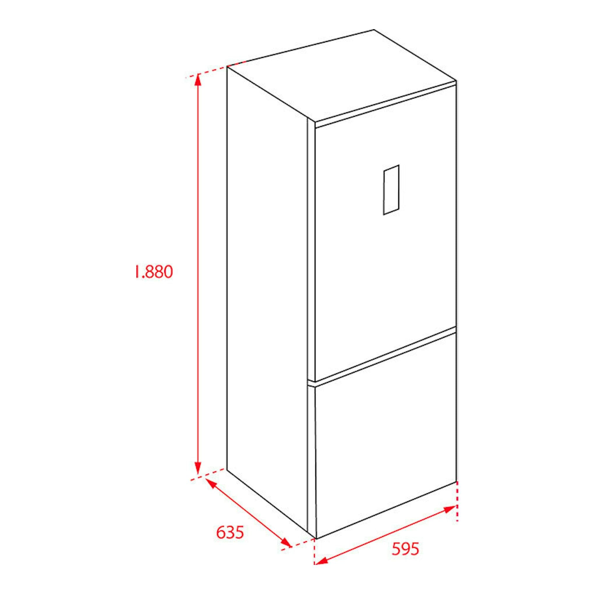 Frigorífico combi Teka NFL345C blanco, vista frontal en perspectiva, con medidas 1880 x 595 x 635 mm.