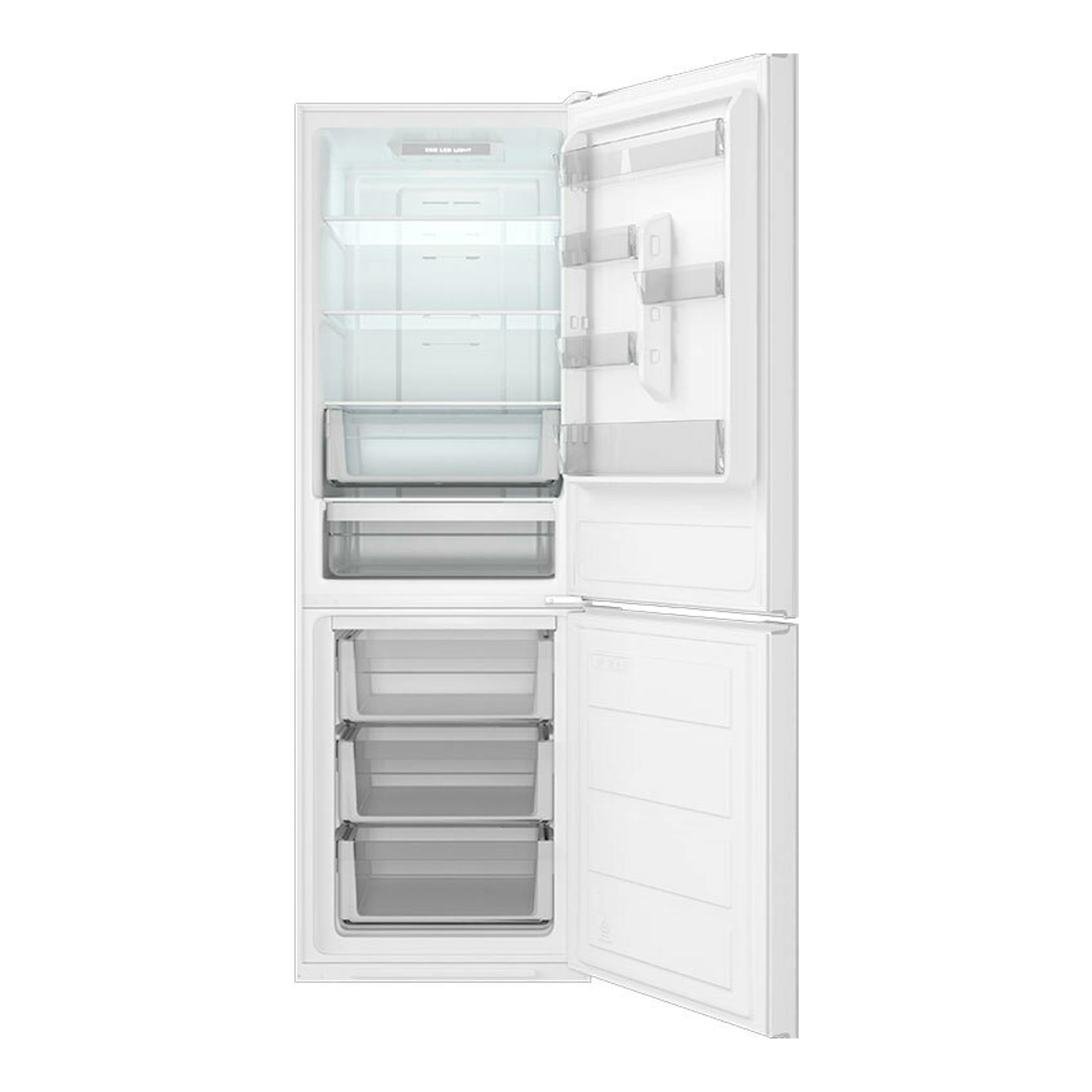 Frigorífico combi Teka NFL345C blanco, vista frontal con puertas abiertas y compartimentos interiores visibles.