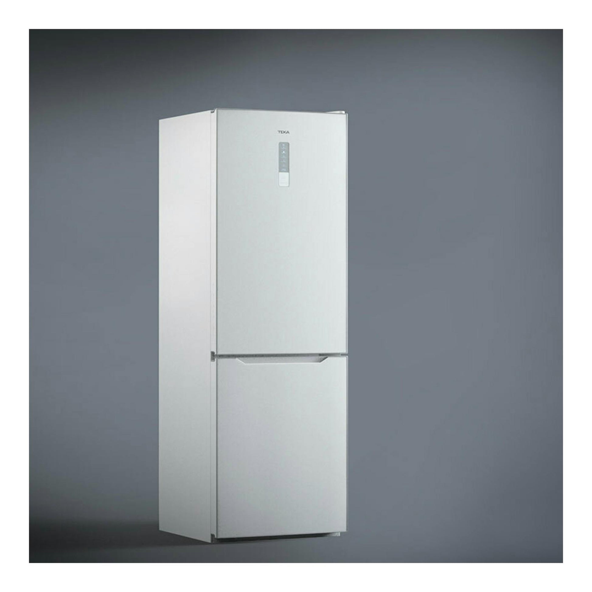 Frigorífico combi Teka NFL345C blanco, vista frontal en ángulo, con dos puertas y panel superior.