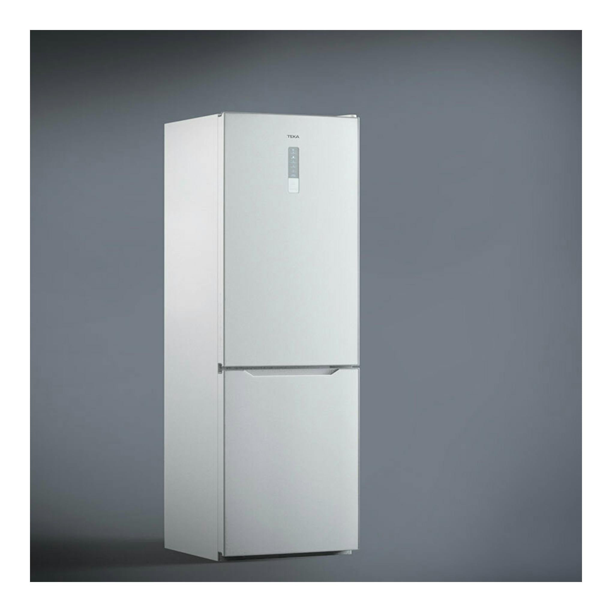Frigorífico combi Teka NFL345C blanco, vista frontal en ángulo, con dos puertas y panel superior.