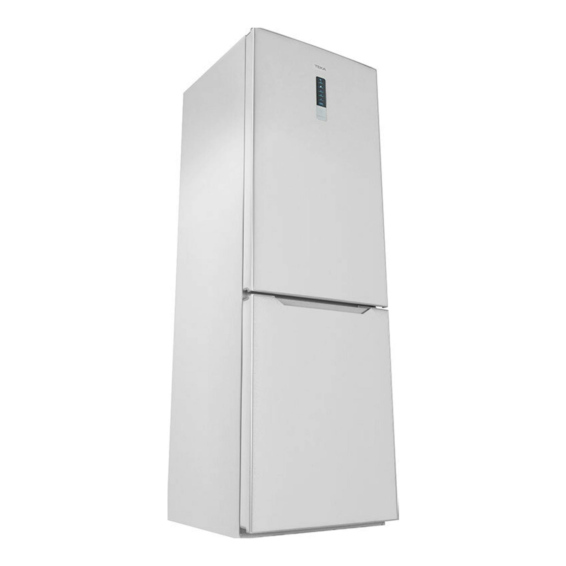 Frigorífico combi Teka NFL345C blanco, vista frontal en ángulo, con congelador inferior.