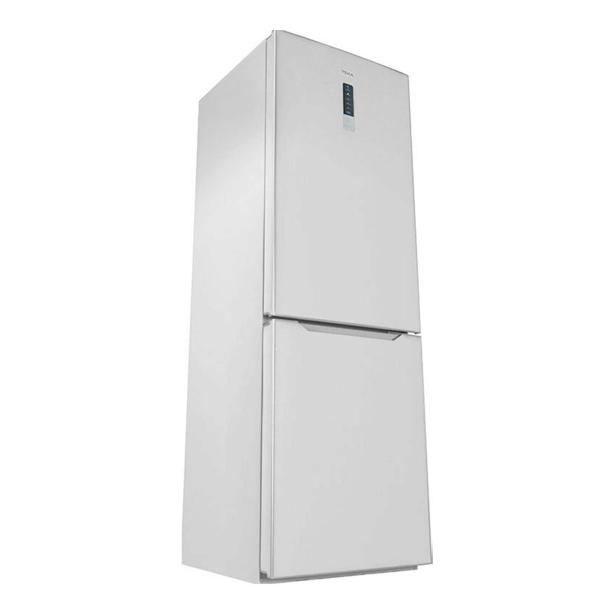 Frigorífico combi Teka NFL345C blanco, vista frontal en ángulo, con congelador inferior.