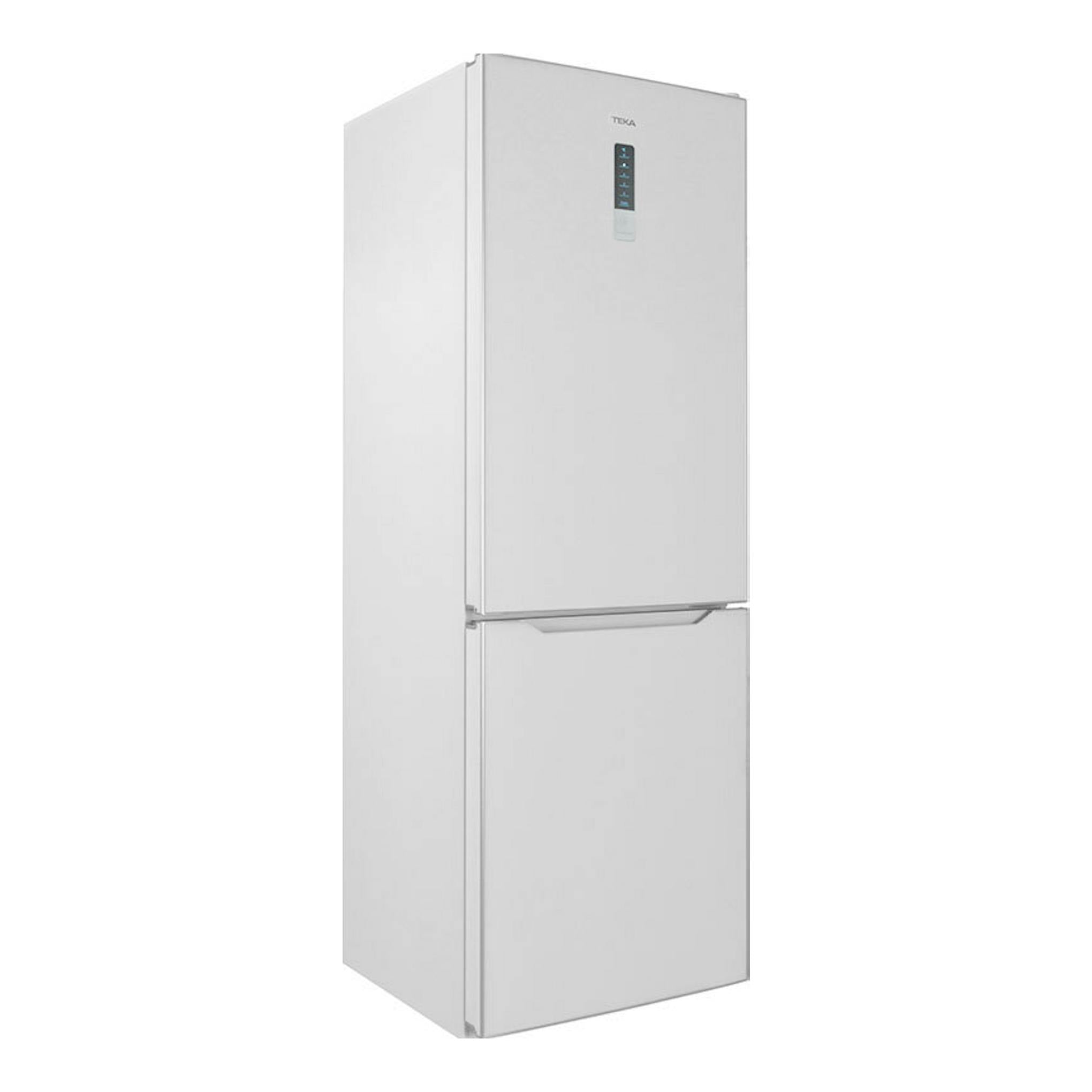 Frigorífico combi Teka NFL345C blanco, vista frontal en ángulo con panel digital en la puerta.