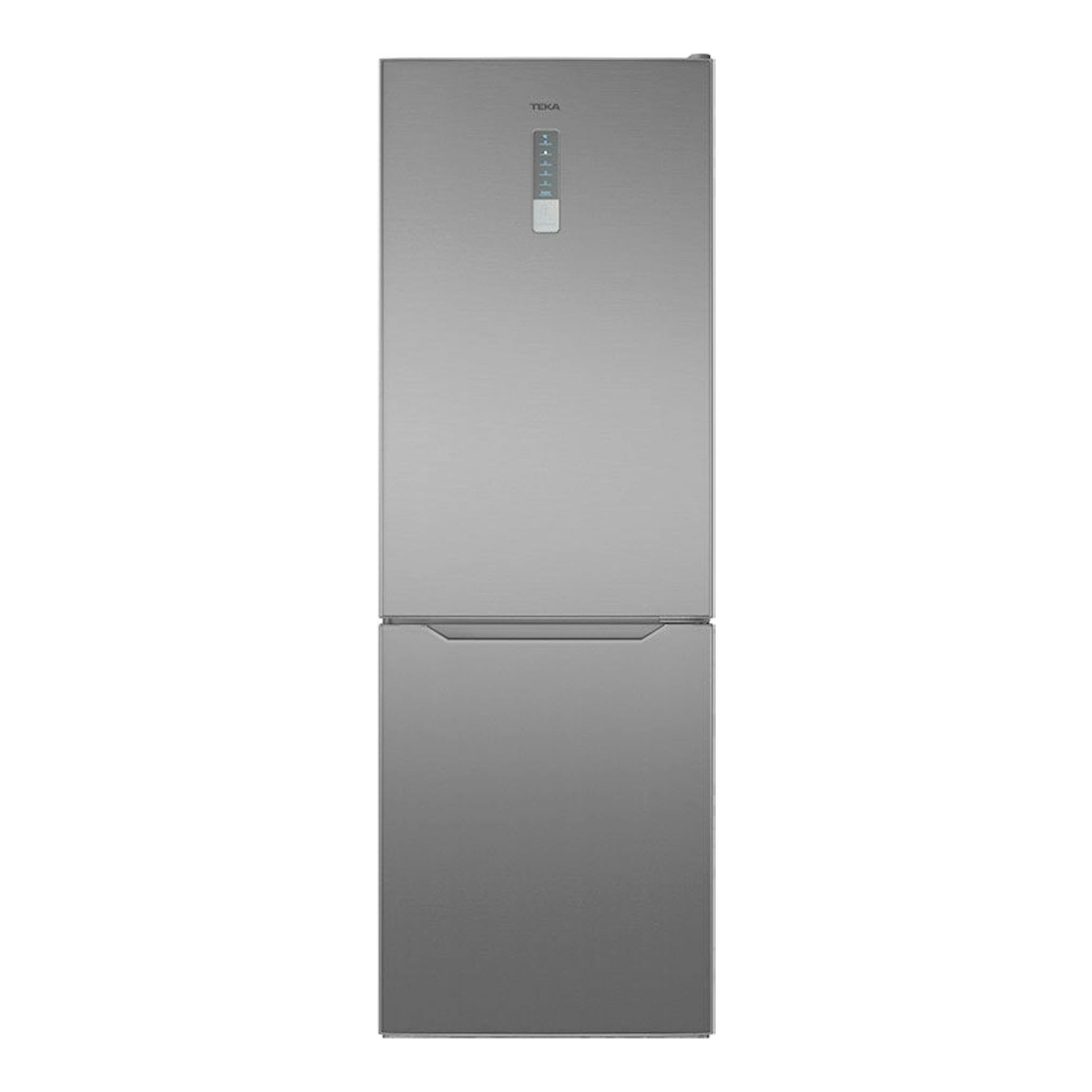 Frigorífico combi Teka NFL345C inox, vista frontal, con congelador inferior.