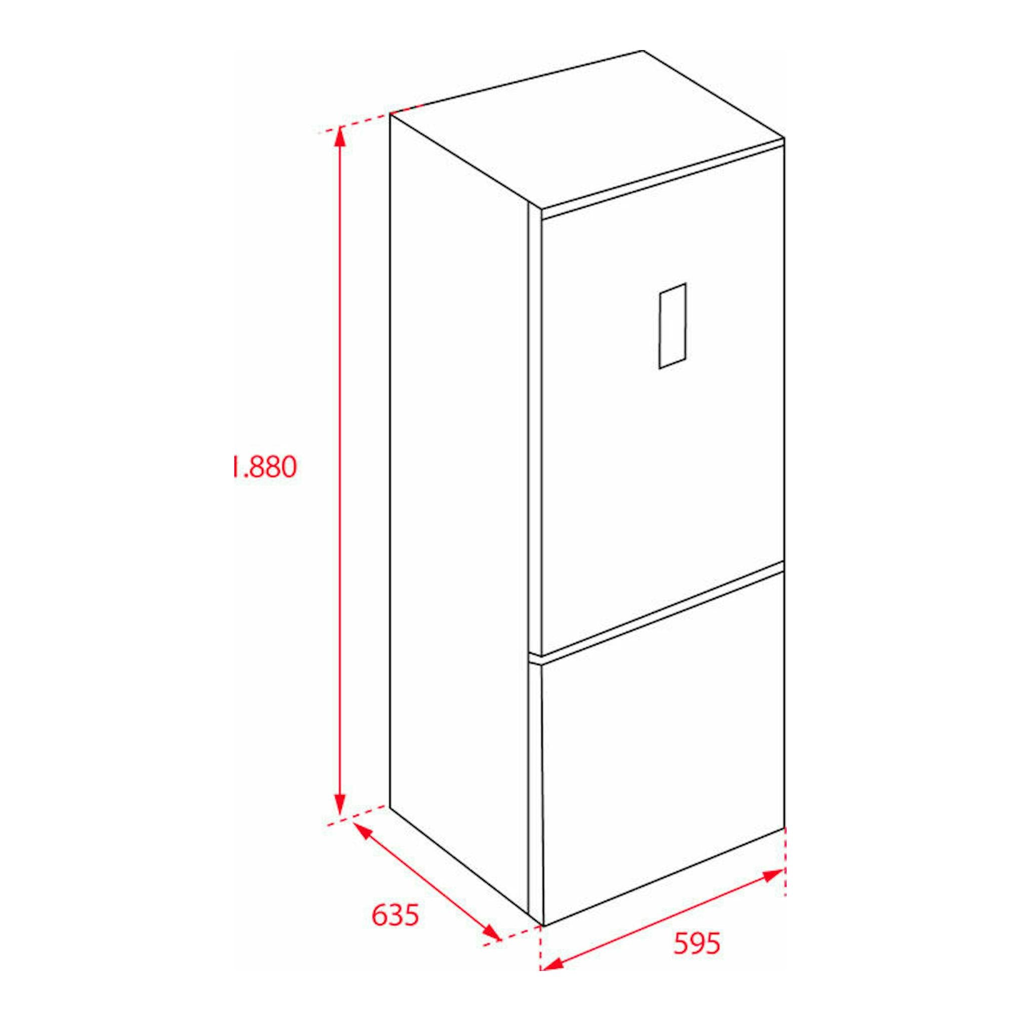 Dibujo técnico de frigorífico combi Teka NFL345C Inox, vista isométrica frontal, 1880 x 595 x 635 mm.
