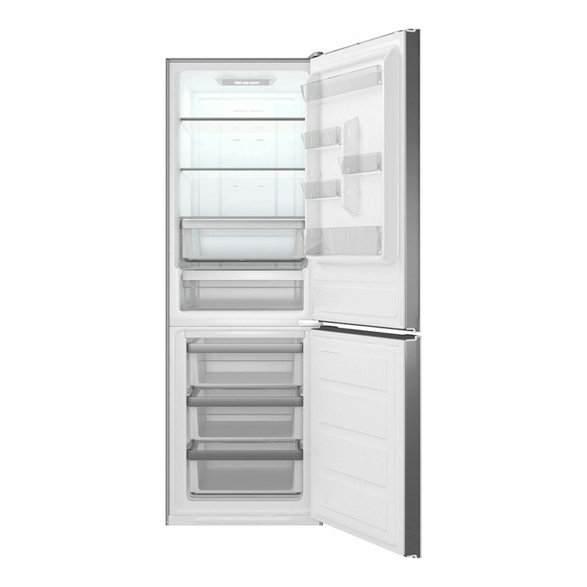 Frigorífico combi Teka NFL345C inox, puertas abiertas, interior blanco, vista frontal