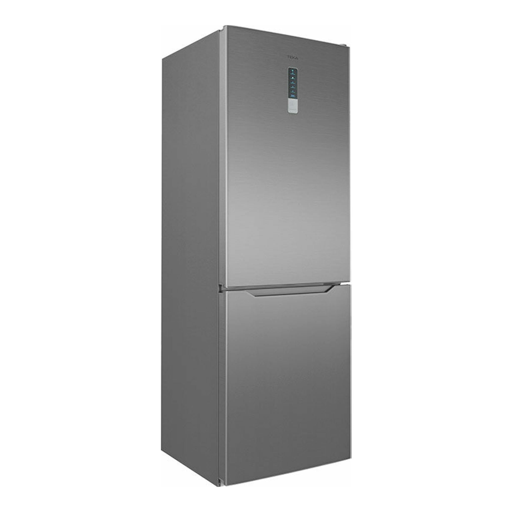 Frigorífico combi Teka NFL345C Inox, acabado inoxidable, vista frontal ligeramente en ángulo.
