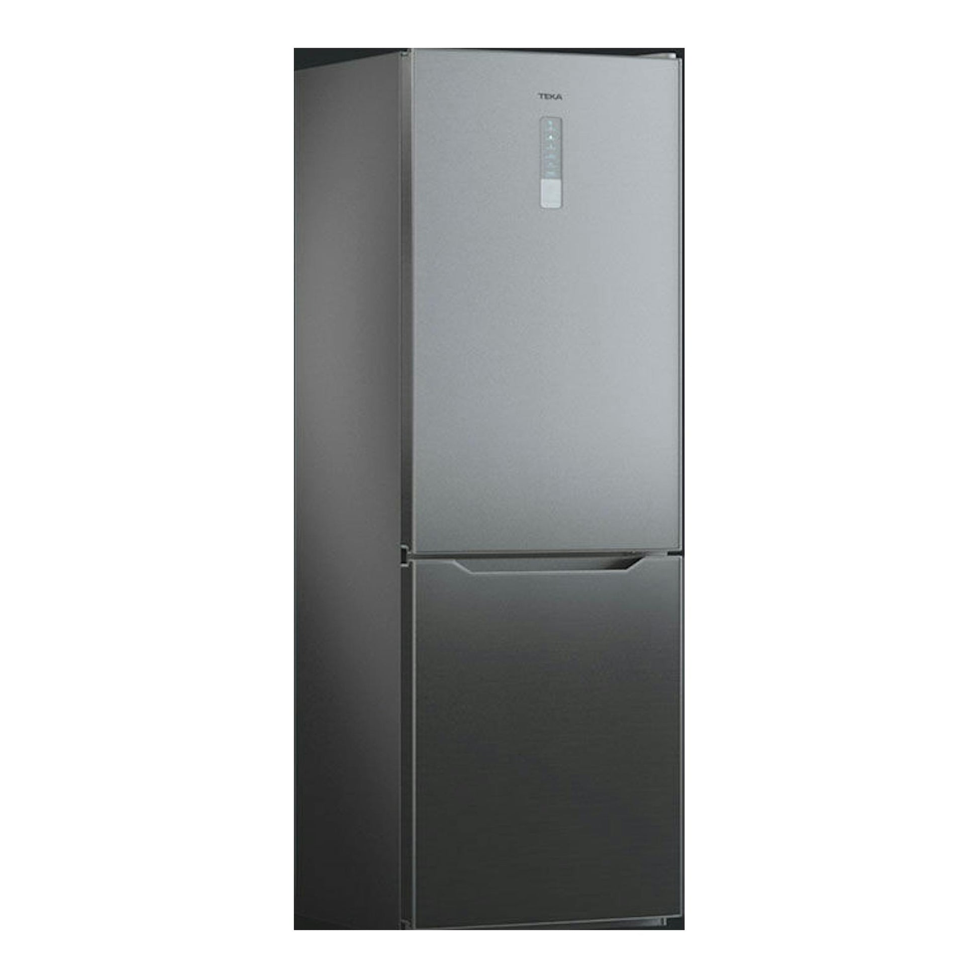 Frigorífico combi Teka NFL345C inox, vista frontal en ángulo, con dos puertas y panel superior.