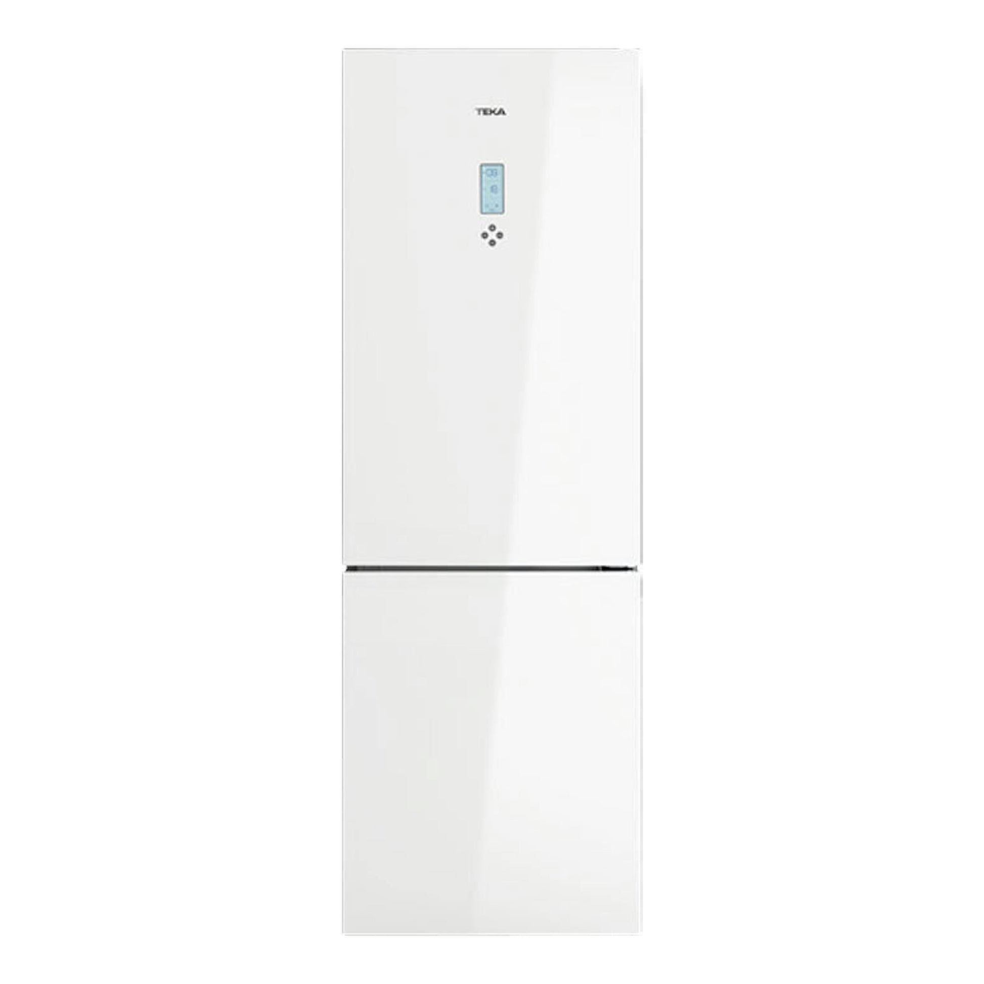 Frigorífico combi Teka RBF 78625 blanco, vista frontal, con display digital en la puerta superior.