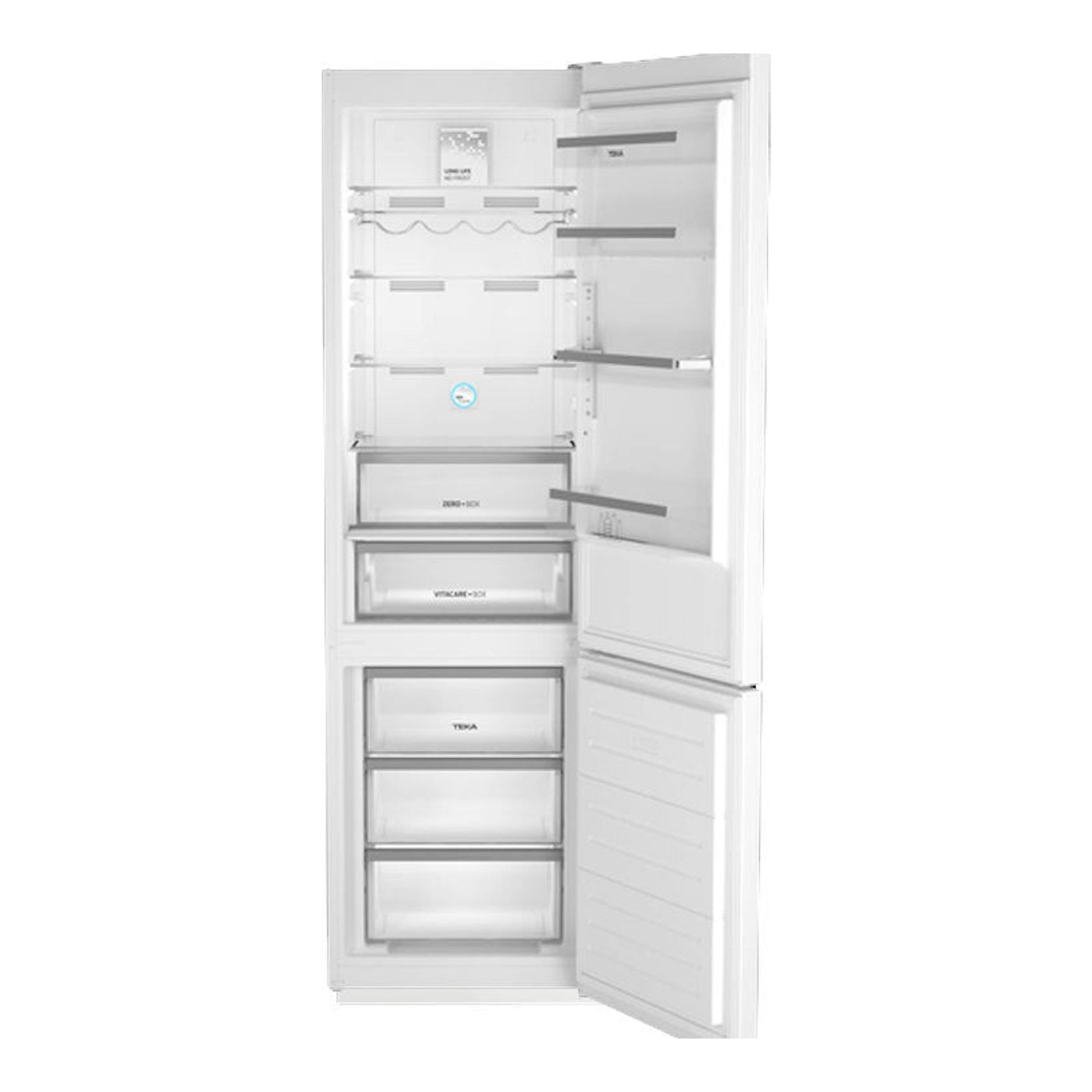 Frigorífico combi Teka RBF 78625 blanco, vista frontal con puertas abiertas y cajones interiores visibles.