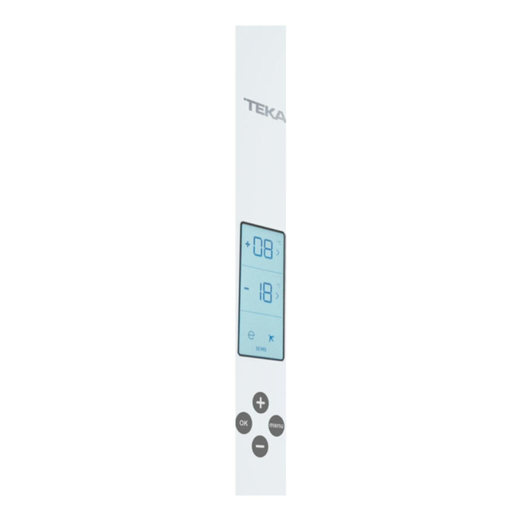 Frigorífico combi Teka RBF 78625 blanco, vista frontal parcial con panel digital y botones de control.