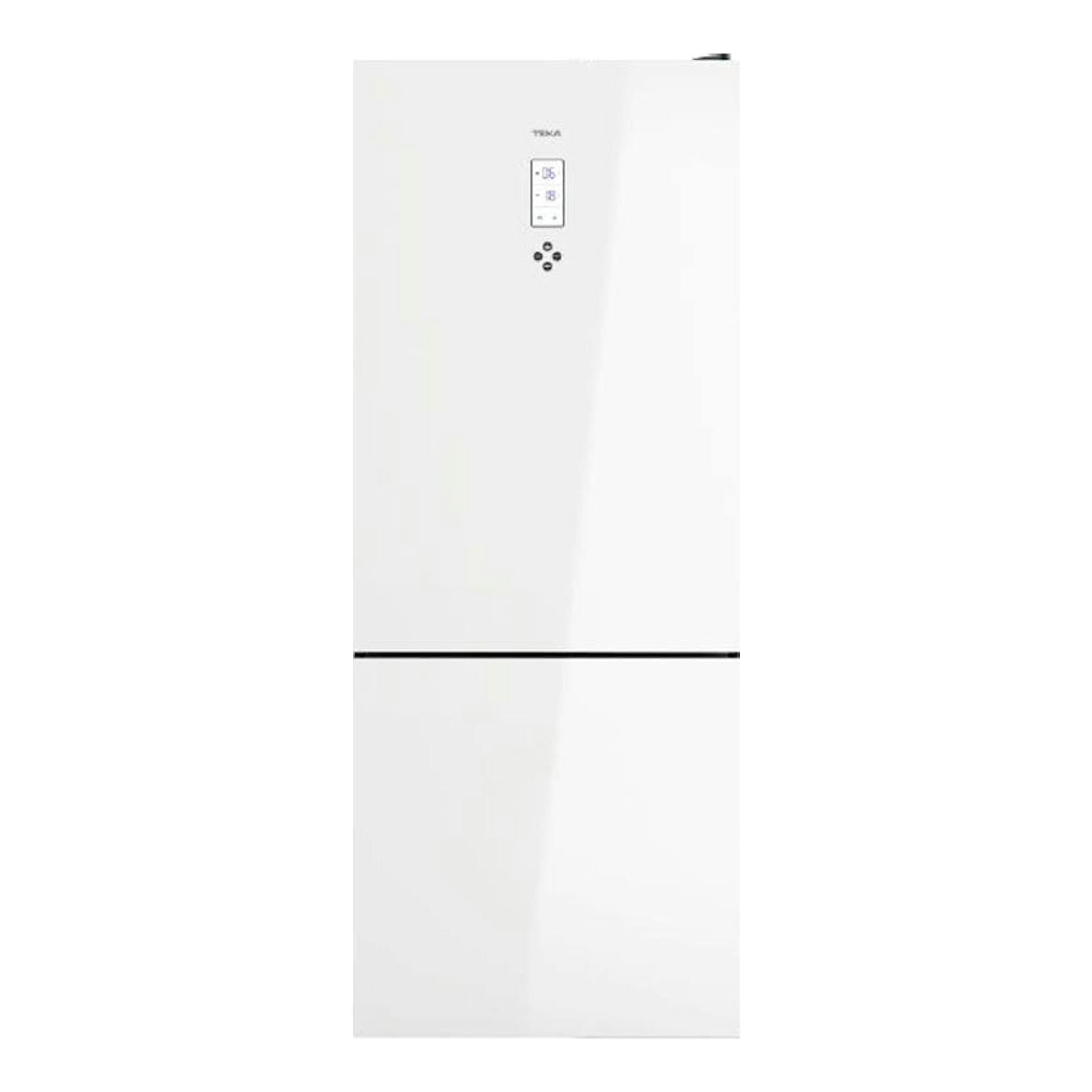 Frigorífico combi Teka RBF 78725 blanco, vista frontal, con display digital en la puerta.
