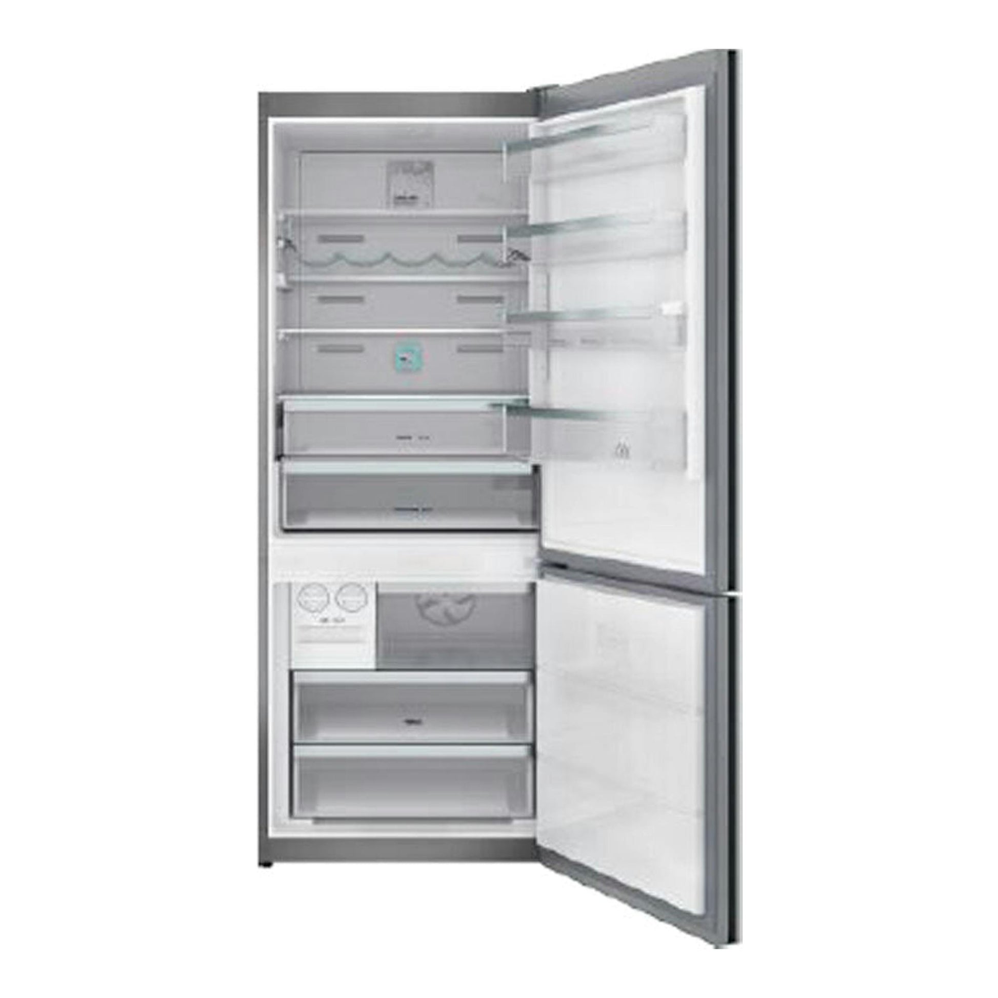 Frigorífico combi Teka RBF 78725 Cristal Blanco, frontal abierto, interior blanco y gris.